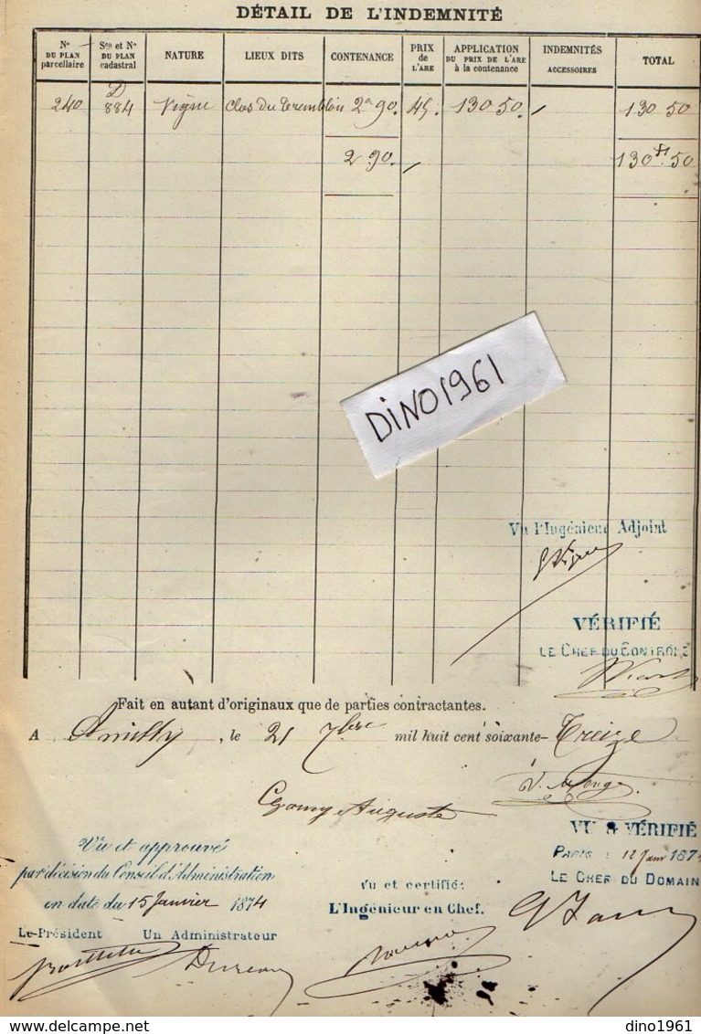 VP12.694 - PARIS X MONTARGIS 1873 - Acte De La Cie Du Chemin De Fer D'ORLEANS à CHALONS Concernant La Commune D'AMILLY - Eisenbahnverkehr