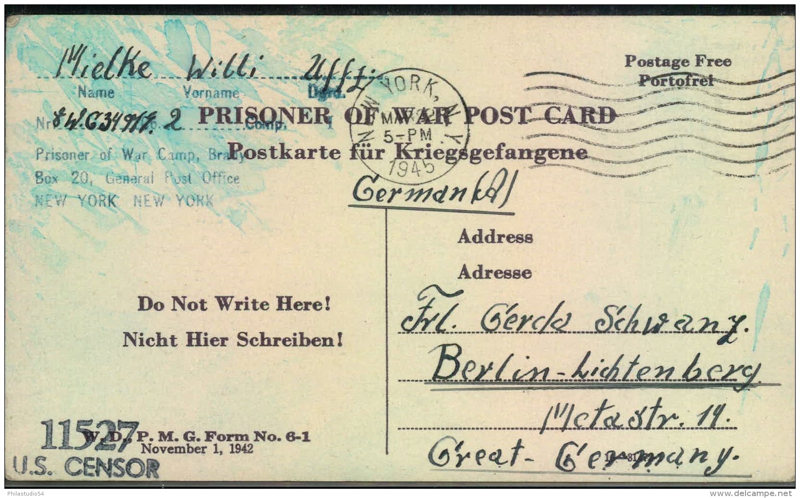 1945, Kriegsgefangenernbrief Ab NEW YORK 22.3.45 Ohen Deutsche Zensur Als ""stummer Überralloer"" Nach Berlin Lichtenber - Prisoners Of War Mail