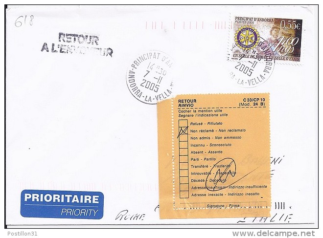 TP N° 618  SUR LETTRE DU 7.11.05 POUR L'ITALIE - Briefe U. Dokumente