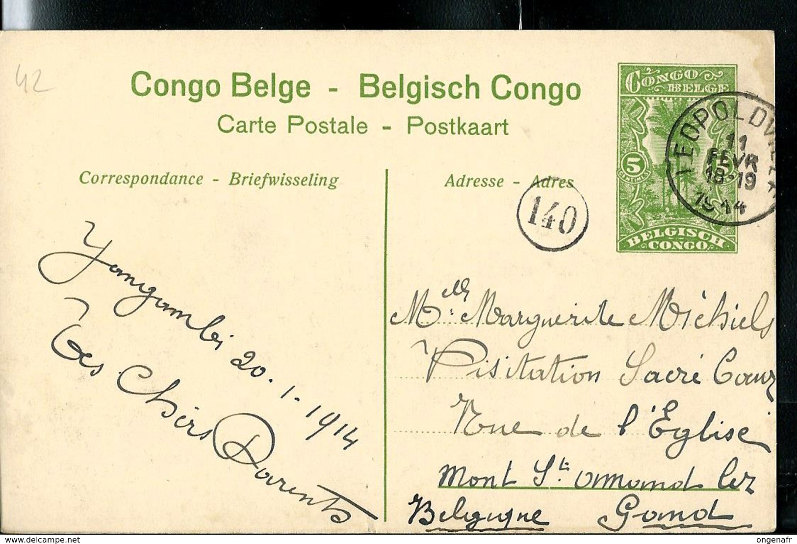 Carte Obl.  N° 42 Vue 25 Gare De Mayumba   Obl. Léopoldville 11/02/1914  Pour St Amand (B) - Stamped Stationery