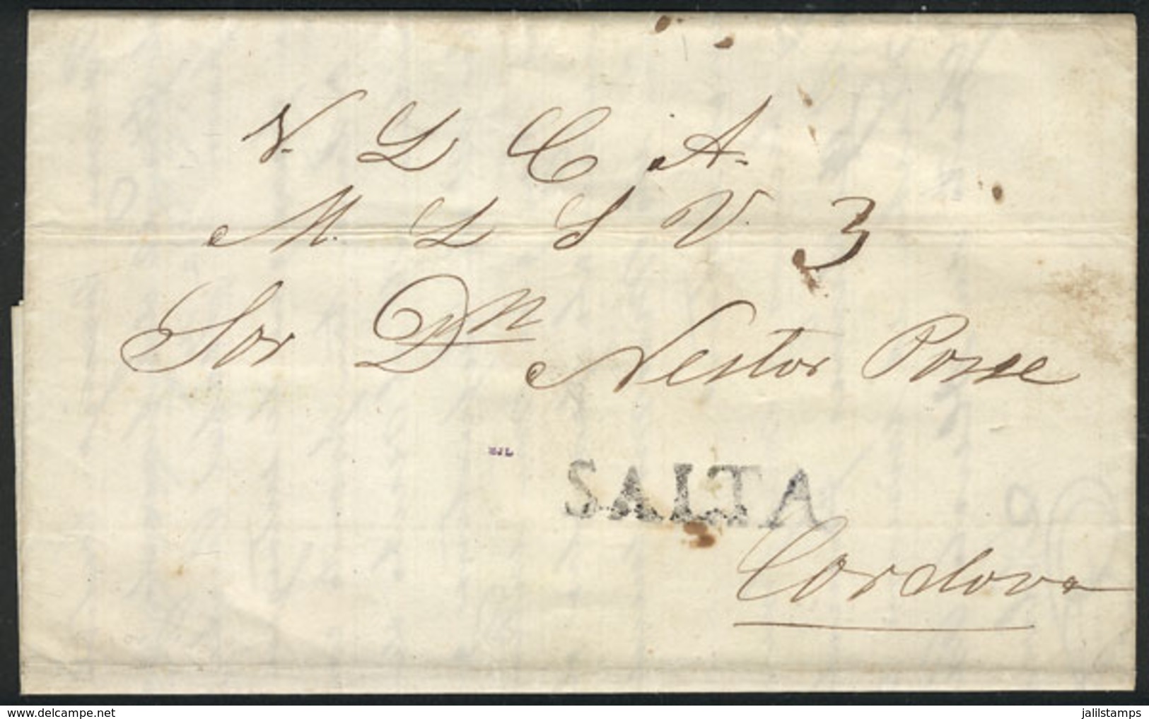 318 ARGENTINA: "Entire Letter Sent To Córdoba On 10/SE/1850, With Straightline SALTA Mark In Black And Manuscript ""3""  - Other & Unclassified