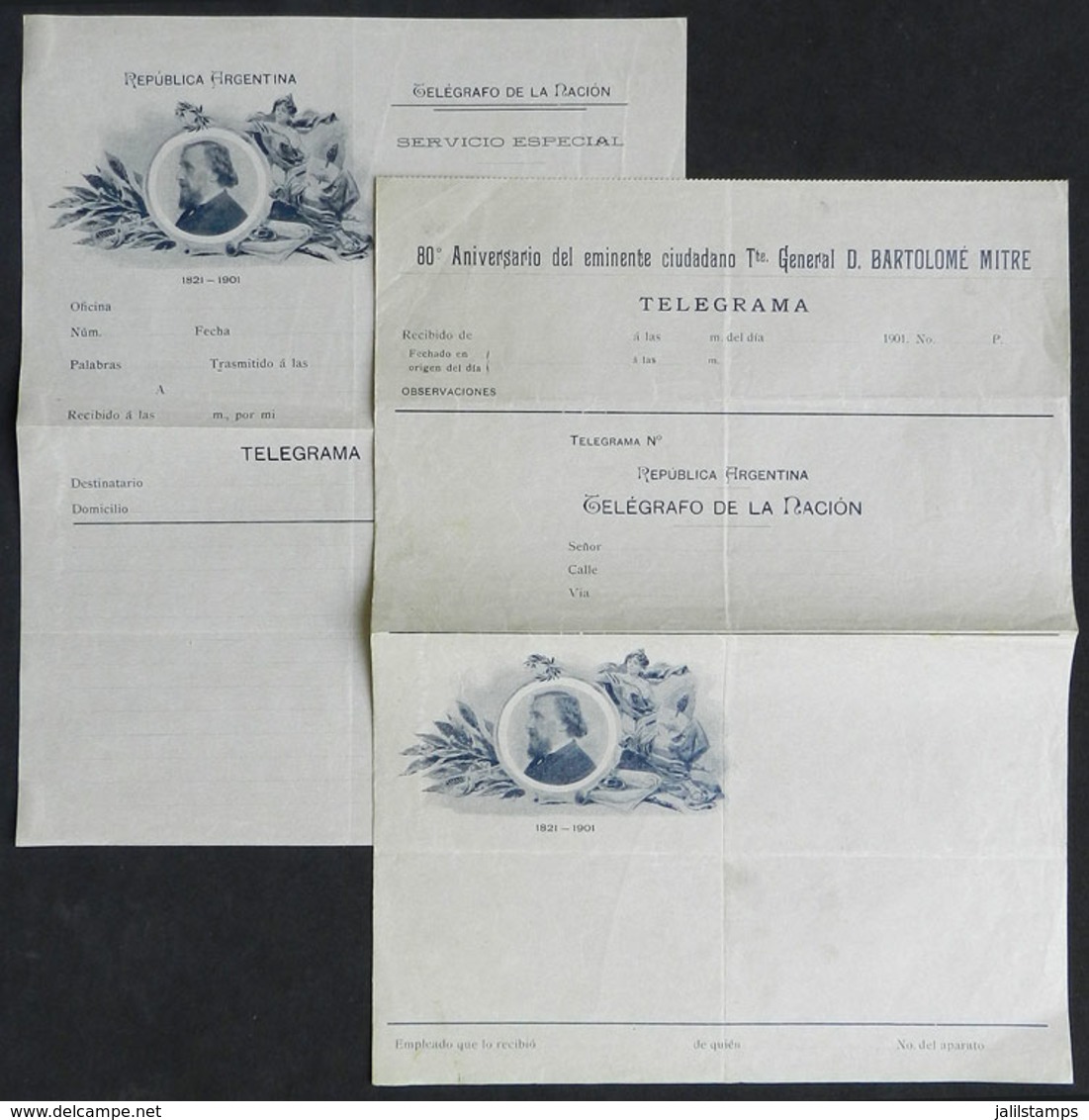 350 ARGENTINA: Forms For SPECIAL TELEGRAMS Commemorating The 80th Anniversary Of Gral. Bartolomé Mitre, Year 1901, VF Qu - Other & Unclassified