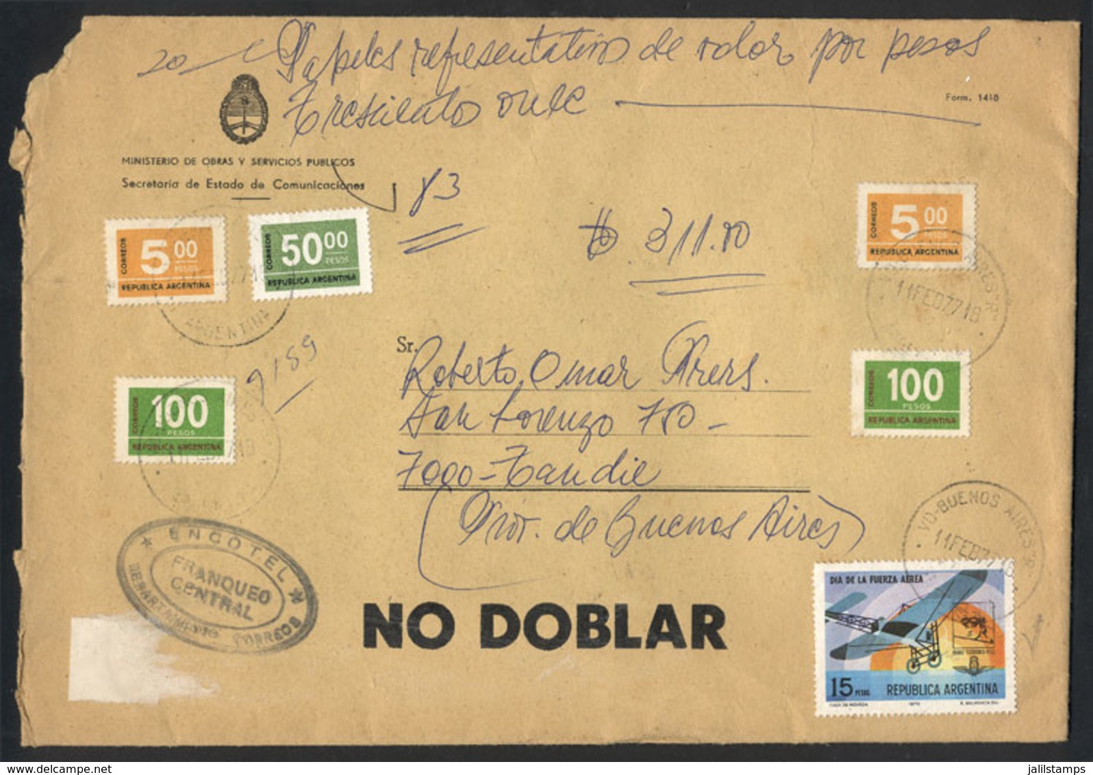 394 ARGENTINA: Registered Cover With Declared Value Sent From Buenos Aires To Tandil On 11/FE/1977, Franked With 275P.,  - Other & Unclassified