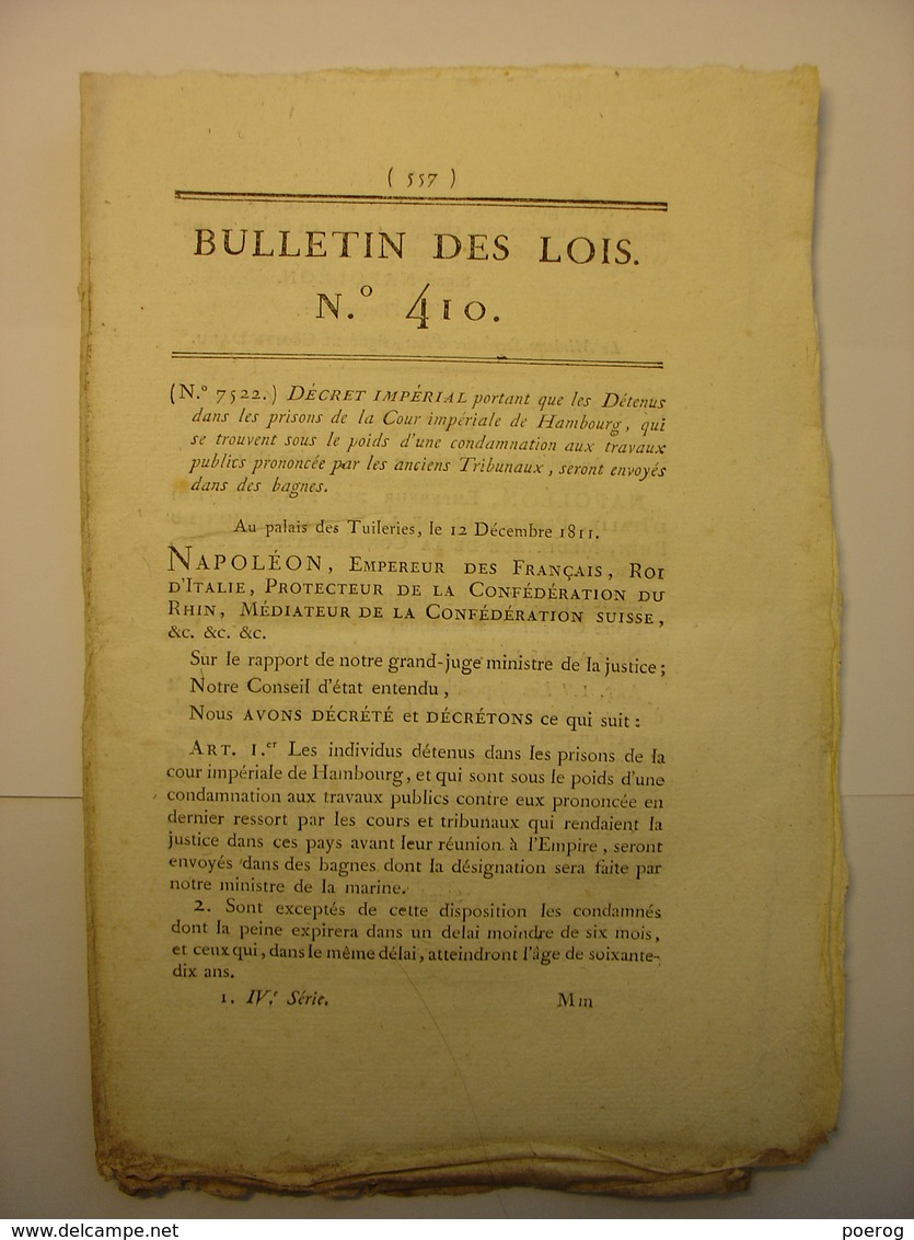 BULLETIN DE LOIS De 1811 PRISON HAMBOURG ENVOYES BAGNE CUIR POLDER BELGIQUE HOLLANDE PAYS BAS - VIGNES SIMPLON SUISSE - Decrees & Laws