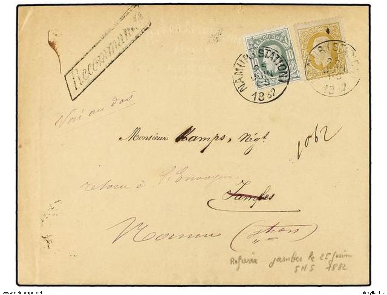 223 BELGICA. Of.30, 32. 1882. NAMUR To TAMPLES And Redirected To NAMUR. Envelope Franked With <B>10 Cts. </B>green And < - Sonstige & Ohne Zuordnung