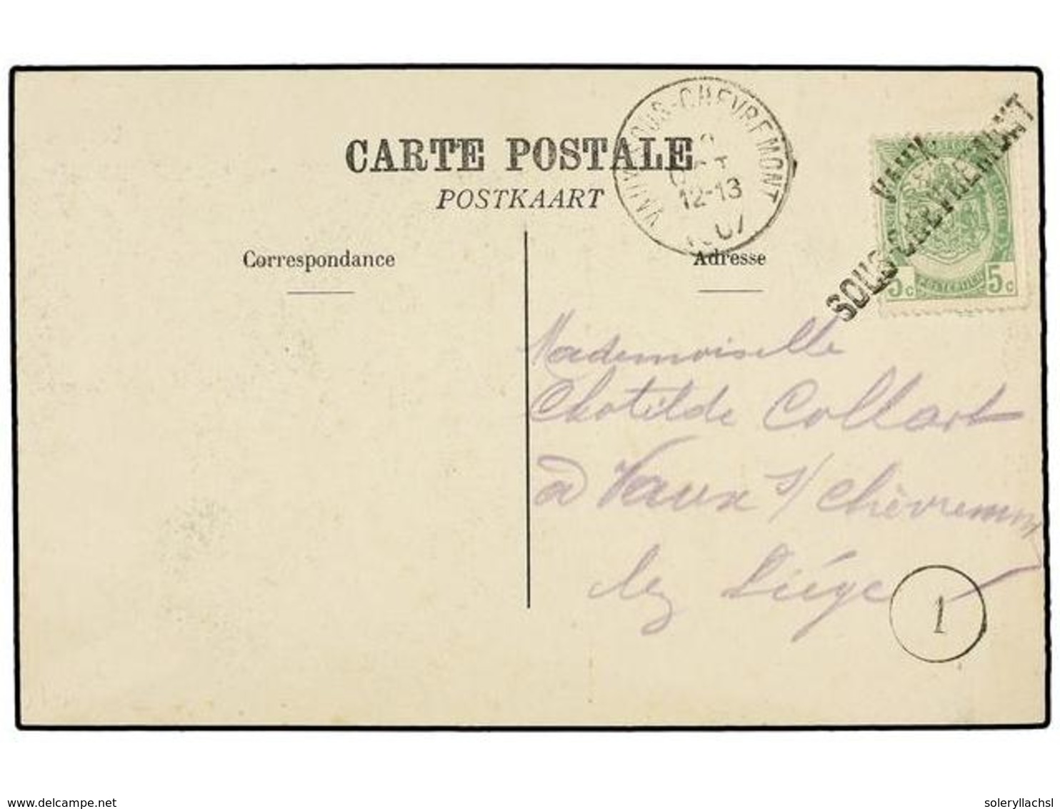 306 BELGICA. Of.83. 1907. Postacard Franked With <B>5 Cts.</B> Green, Tied By Lineal <B>VAUX/SOUS CHEVREMONT</B> Cancel. - Sonstige & Ohne Zuordnung