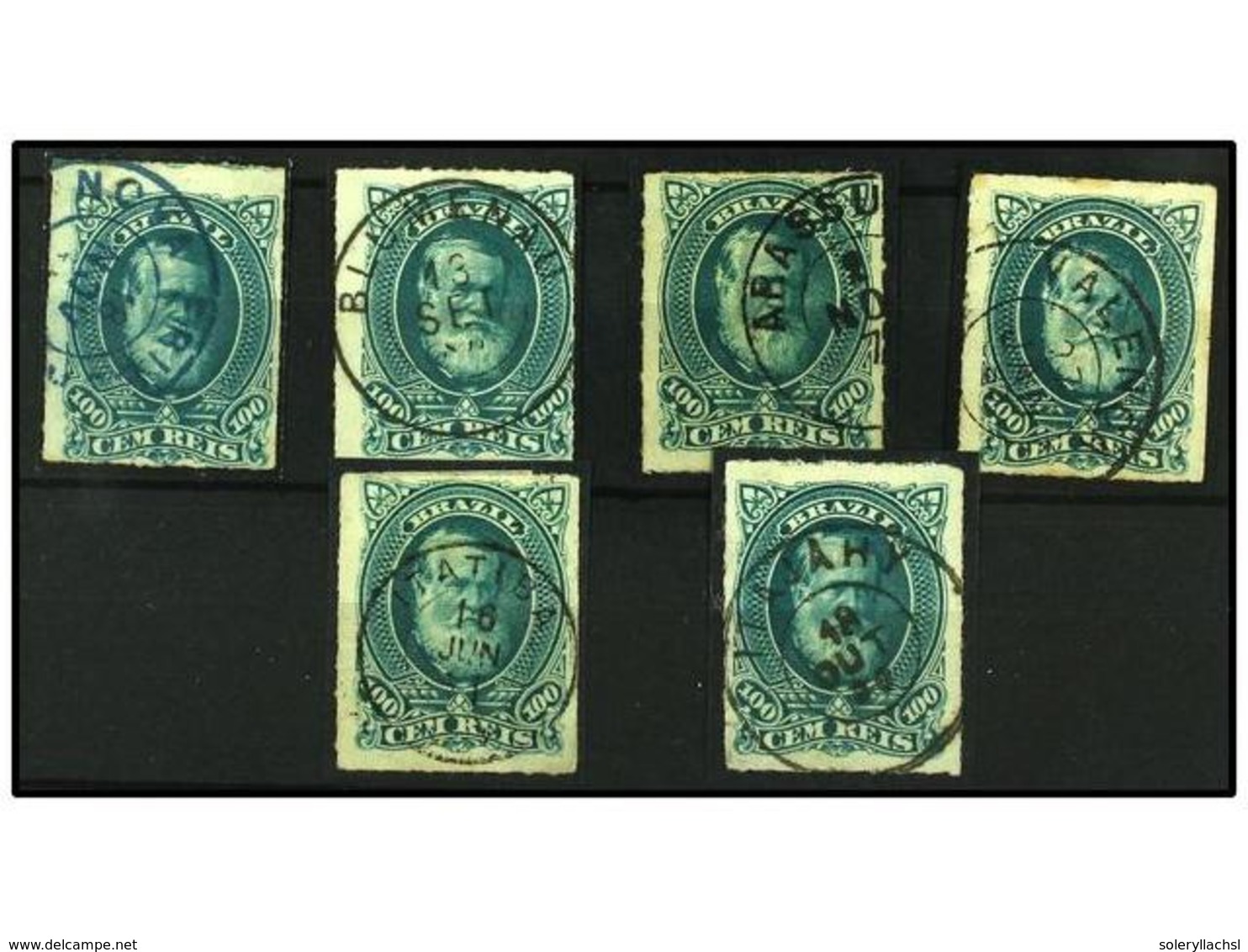 476 ° BRASIL. Sc.72 (6). 1878-79. <B>100 Reis</B> Verde. 6 Sellos Con Matasellos Fechadores. MUY BONITOS. - Sonstige & Ohne Zuordnung