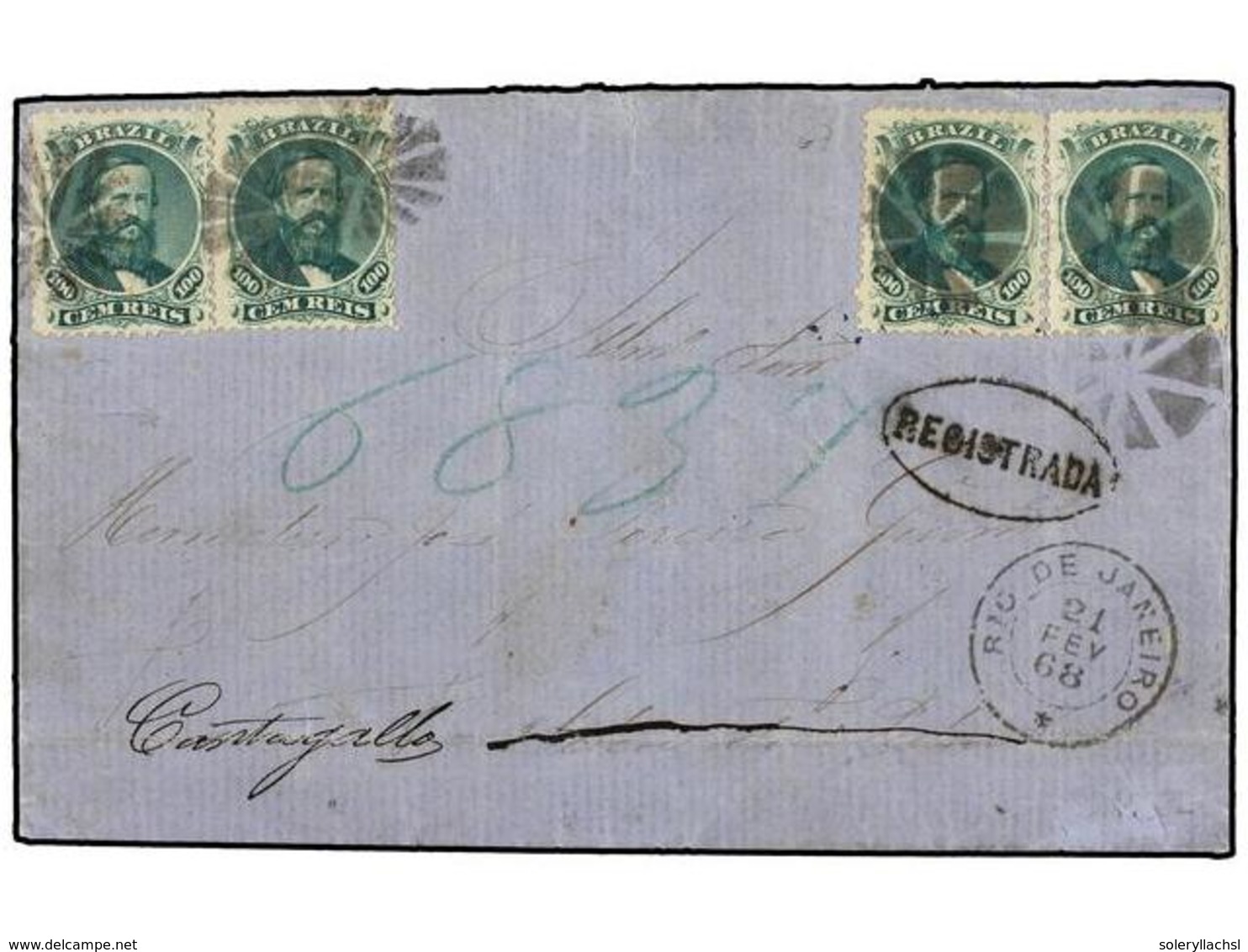 512 BRASIL. Sc.58(4). 1868. RIO DE JANEIRO A CANTAGALLO. <B>100 Reis</B> Verde (4), Mat.de Corcho En Negro Y Marca <B>RE - Sonstige & Ohne Zuordnung