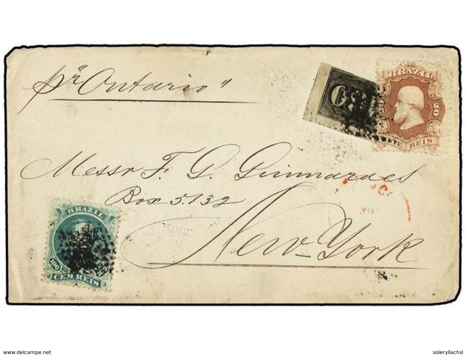 518 BRASIL. Sc.26, 54, 58. (1875 CA.). Sobre Dirigido A NEW YORK. <B>20 Reis</B> Malva,<B> 100 Reis</B> Verde Y <B>180 R - Sonstige & Ohne Zuordnung