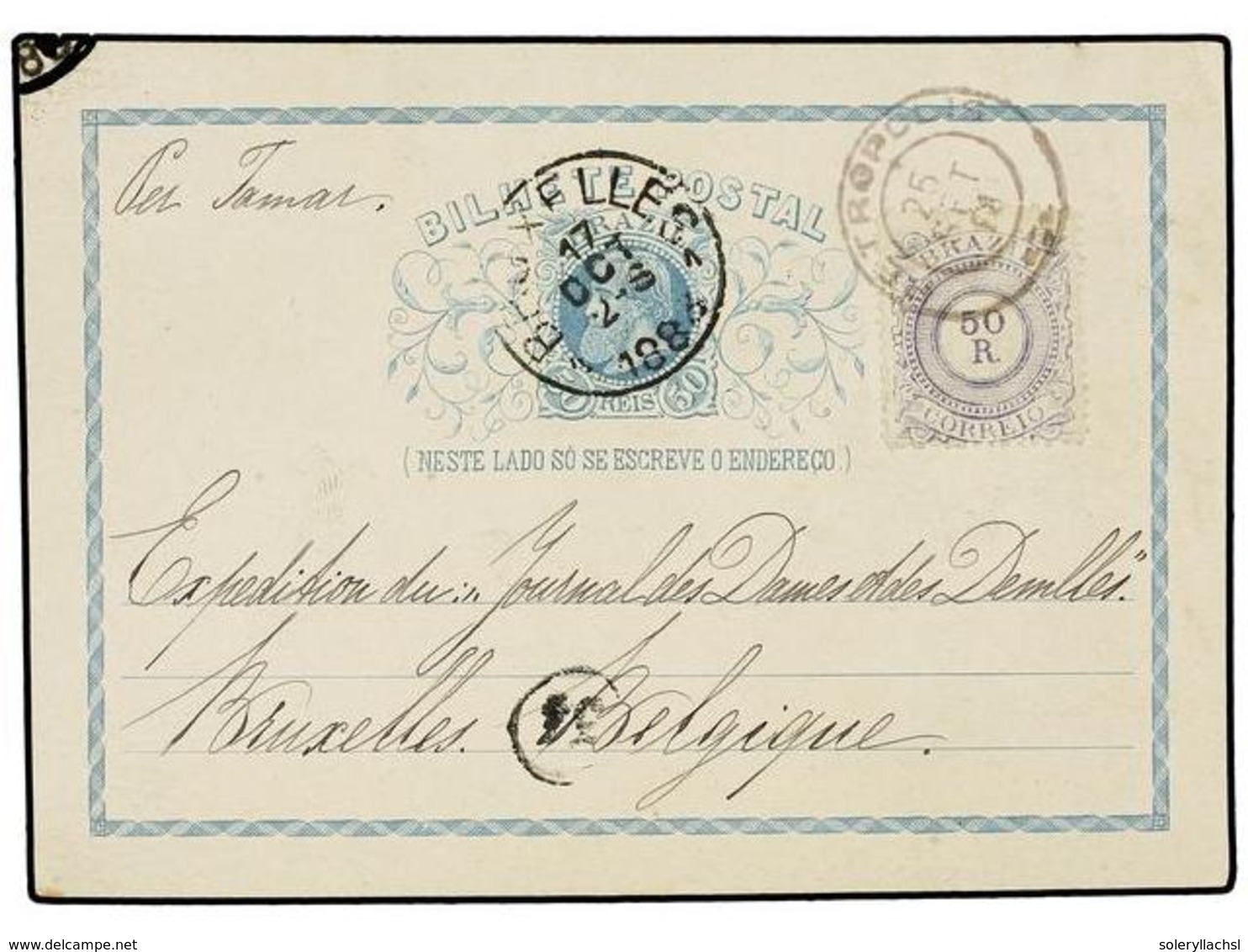 541 BRASIL. Sc.93. 1884. PETROPOLIS To BELGIUM. <B>40 Reis</B> Postal Stationary Uprated With <B>50 Reis</B> Stamp. - Sonstige & Ohne Zuordnung