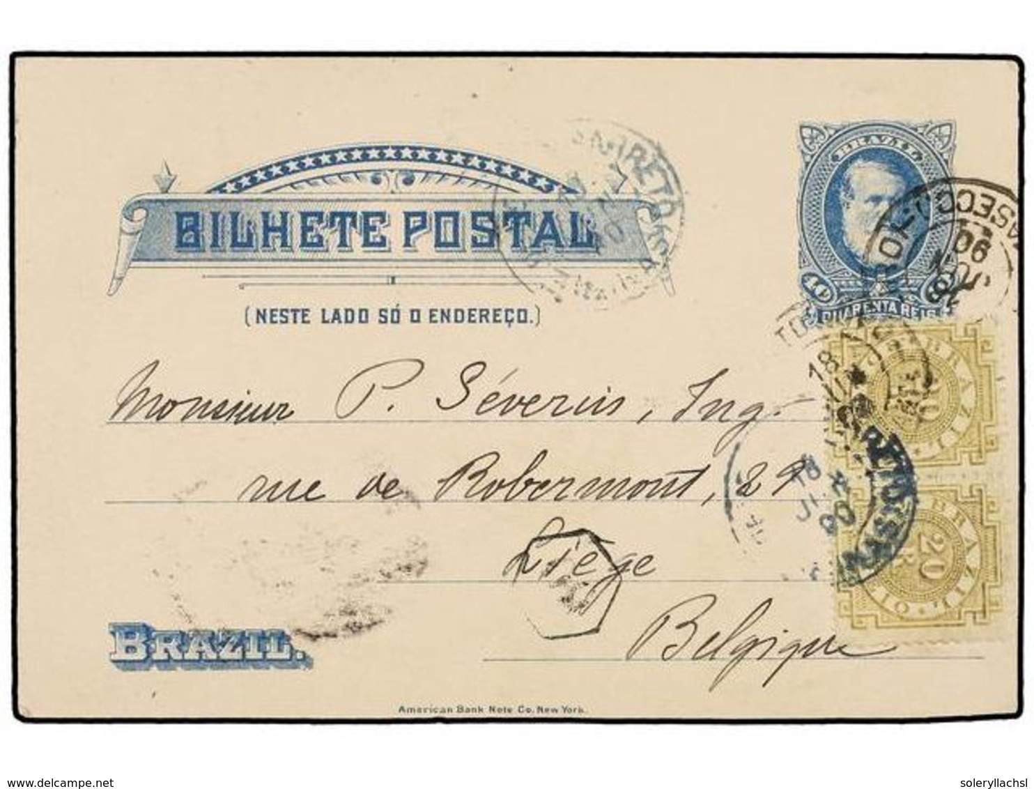 556 BRASIL. Sc.87a (2). 1890. MELLO BARRETO To BELGIUM. <B>40 Reis</B> Postal Stationary Uprated With Two <B>20 Reis</B> - Sonstige & Ohne Zuordnung