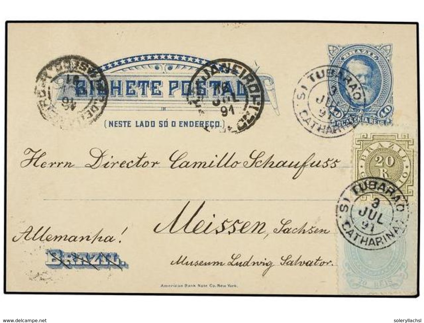 559 BRASIL. Sc.87, 99. 1891. TUBARAO A ALEMANIA. Entero Postal De <B>40 Cts. </B>azul Con Franqueo Adicional De <B>20 Re - Sonstige & Ohne Zuordnung