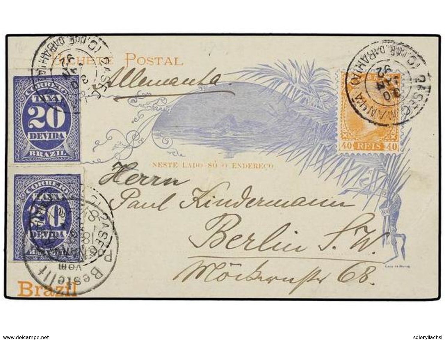 567 BRASIL. 1892. BAHÍA A ALEMANIA. Entero Postal De <B>40 Reis</B> Naranja Con Franqueo Adicional De Dos Sellos De Tasa - Sonstige & Ohne Zuordnung