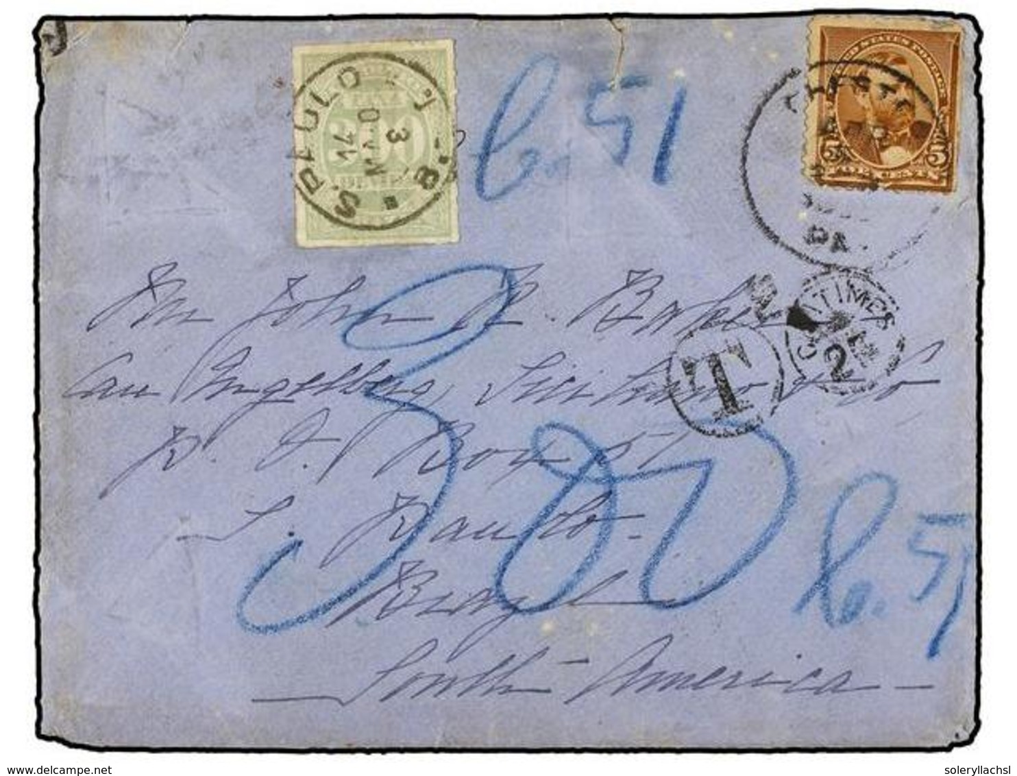 573 BRASIL. 1893. U.S.A. A S. PAULO. <B>5 Cts.</B> Castaño (defecto) Tasada A La Llegada Con Sello De Brasil De <B>300 R - Sonstige & Ohne Zuordnung