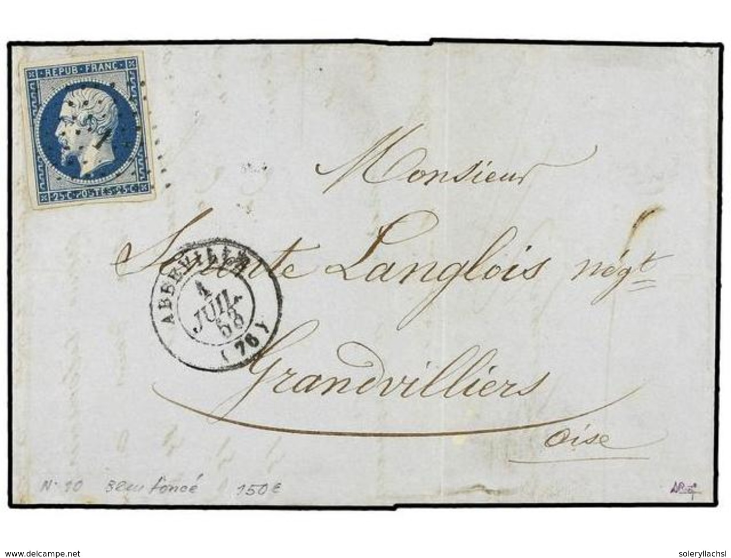 1689 FRANCIA. Yv.10. 1853. ABBEVILLE A GRANEVILLIERS. <B>25 Cts.</B> Azul, Mat.<B> CIFRAS PEQUEÑAS '1'. </B> - Sonstige & Ohne Zuordnung