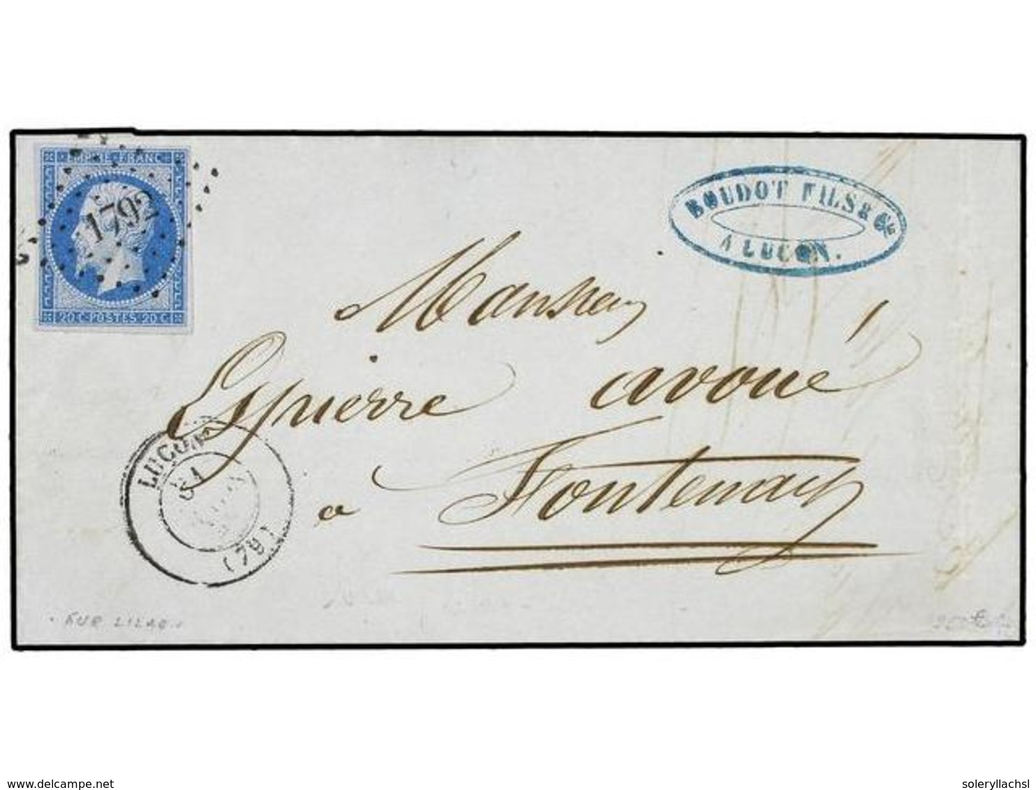 1722 FRANCIA. Yv.14Ae. 1858. LUÇON A FONTENAY. <B>20 Cts.</B> Azul. S. Lila, Mat. <B>CIFRAS PEQUEÑAS '1792'. </B>MAGNÍFI - Sonstige & Ohne Zuordnung