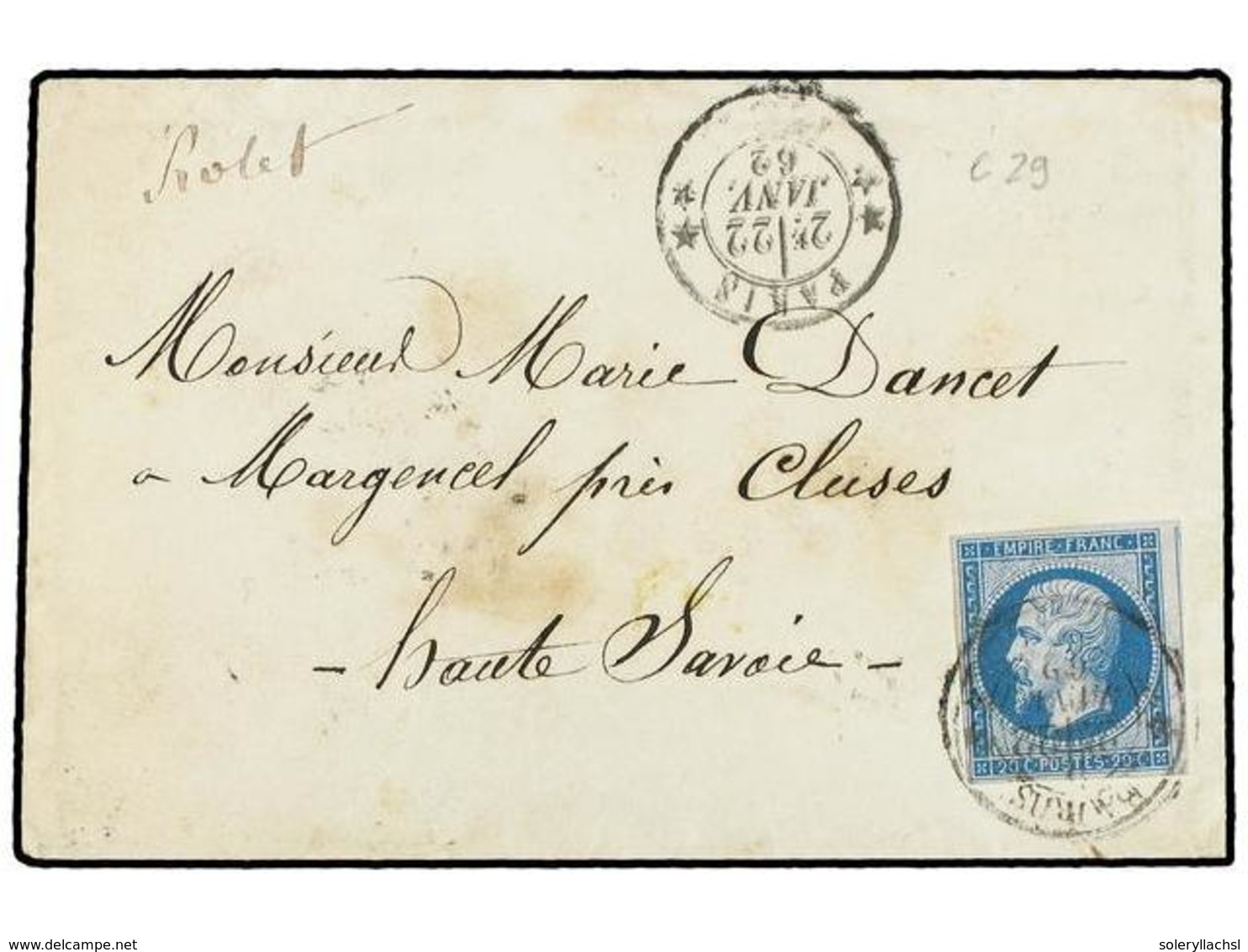 1739 FRANCIA. 1862 (Jan 22). Cover From PARIS To CLUSES (Haute Savoie); Franked By 1853 <B>20c.</B> Blue Imperf., Tied B - Sonstige & Ohne Zuordnung