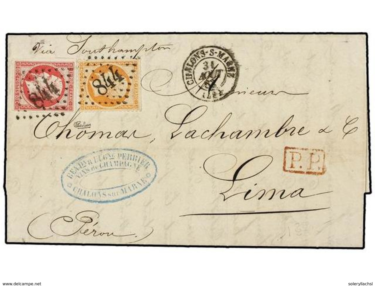 1746 FRANCIA. 1863 (31 Agosto). CHALONS A LIMA. <B>40 Cts.</B> Naranja Y <B>80 Cts.</B> Carmín. Porte <B>1,20 Fr. </B>Ra - Sonstige & Ohne Zuordnung