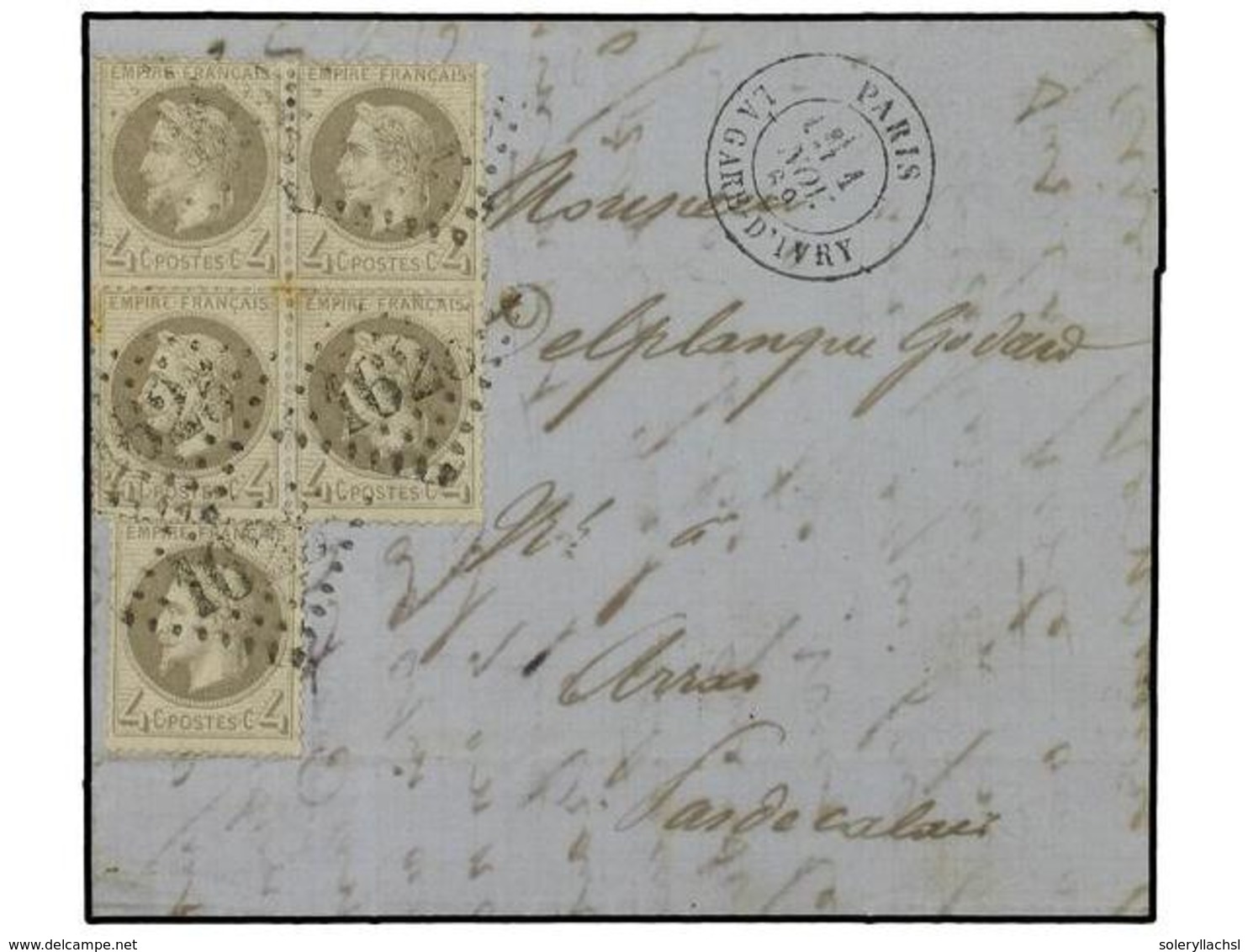 1774 FRANCIA. Sc.27/II. 1869 (Nov 1). Entire Letter From GARE D'IVRY, PARIS To ARRAS With 1867 <B>4 C.</B> Grey (5) Tied - Sonstige & Ohne Zuordnung