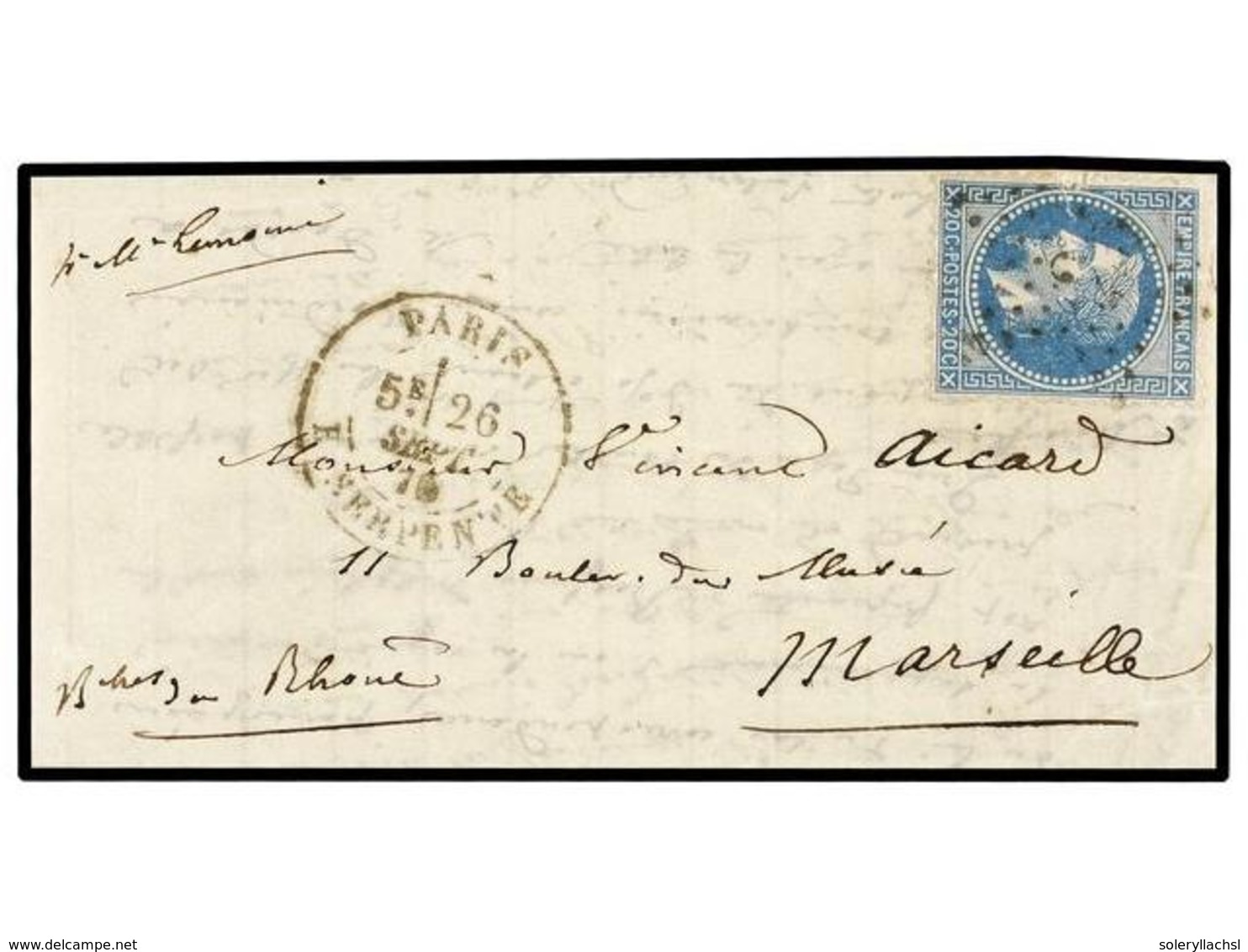 1783 FRANCIA. 1870 (Sept. 26). PARIS To MARSEILLE. <B>BALLOON 'JEAN BART Nº1'</B>. Entire Letter Franked With <B>20 Cts. - Sonstige & Ohne Zuordnung