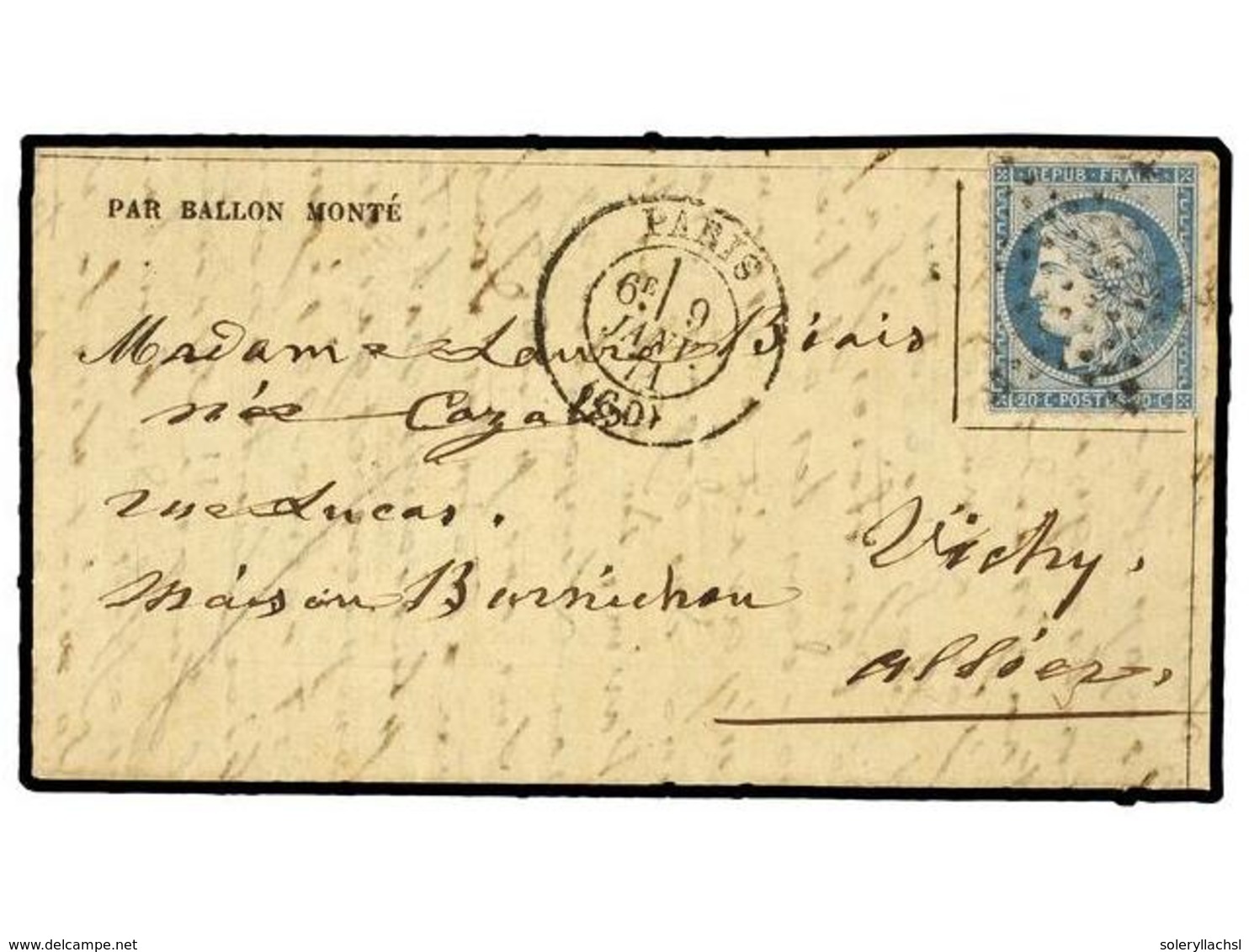 1814 FRANCIA. 1871 (Jan. 9). PARIS To VICHY. <B>BALLOON 'LE KEPLER'</B>. Entire Letter Franked With <B>20 Cts.</B> Blue  - Sonstige & Ohne Zuordnung