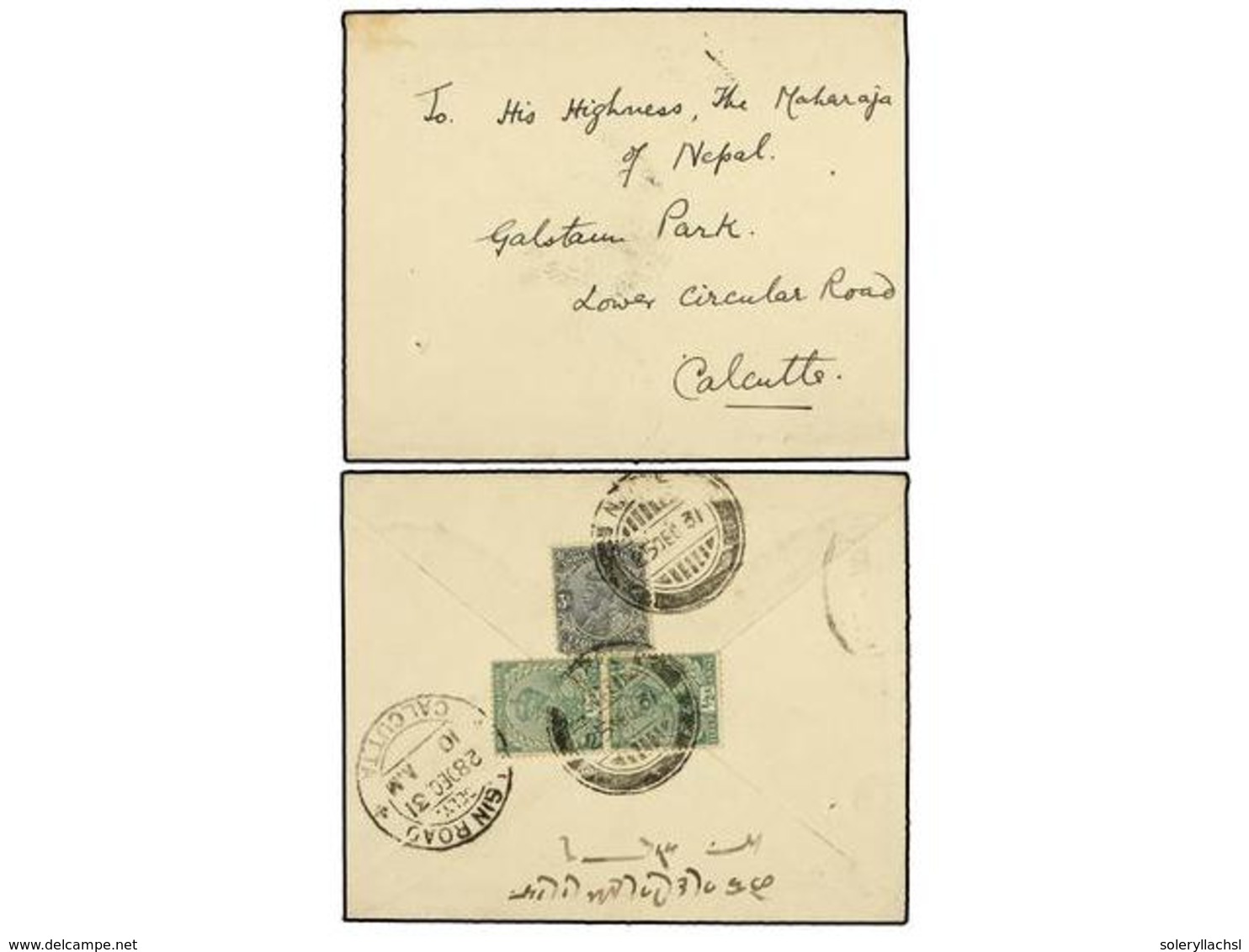 4292 NEPAL. 1931. Envelope Sent To CALCUTTA Dressed To The Maharaja Of Nepal Sent By Indian Stamps Of <B>1/2 Anna</B> Gr - Sonstige & Ohne Zuordnung