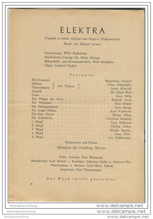 Landestheater Dessau - Spielzeit 1955/56 Nummer 14 - Elektra Von Richard Strauss - Magdalena Güntzel - Vilma Fichtmüller - Théâtre & Danse