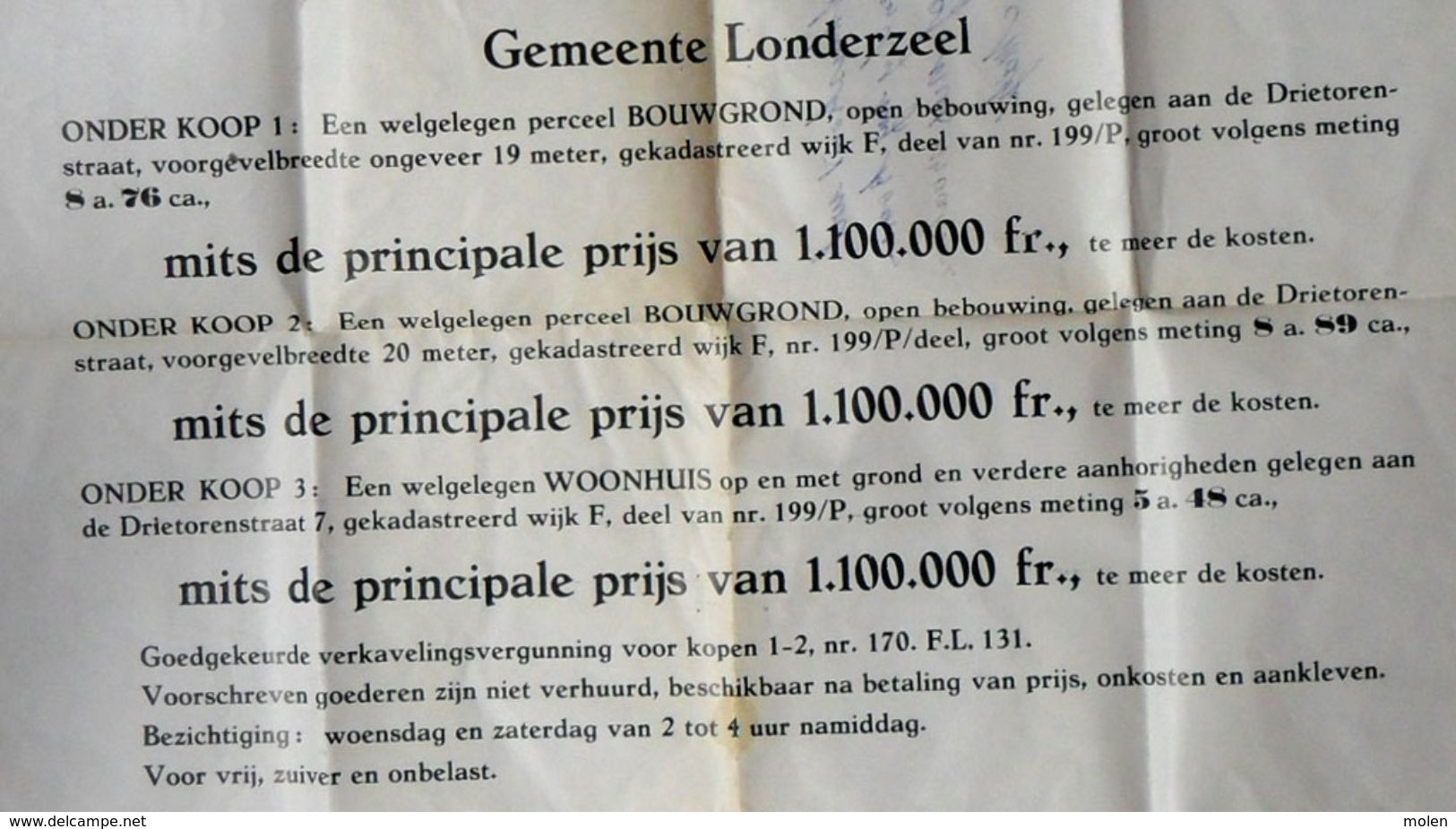 AFFICHE LONDERZEEL ©1978 Oa Huis Te Drietorenstraat 7 En Bouwgrond Recht Van Hoger Bod NOTARIS NACHTEGAELE MINNE R419 - Londerzeel