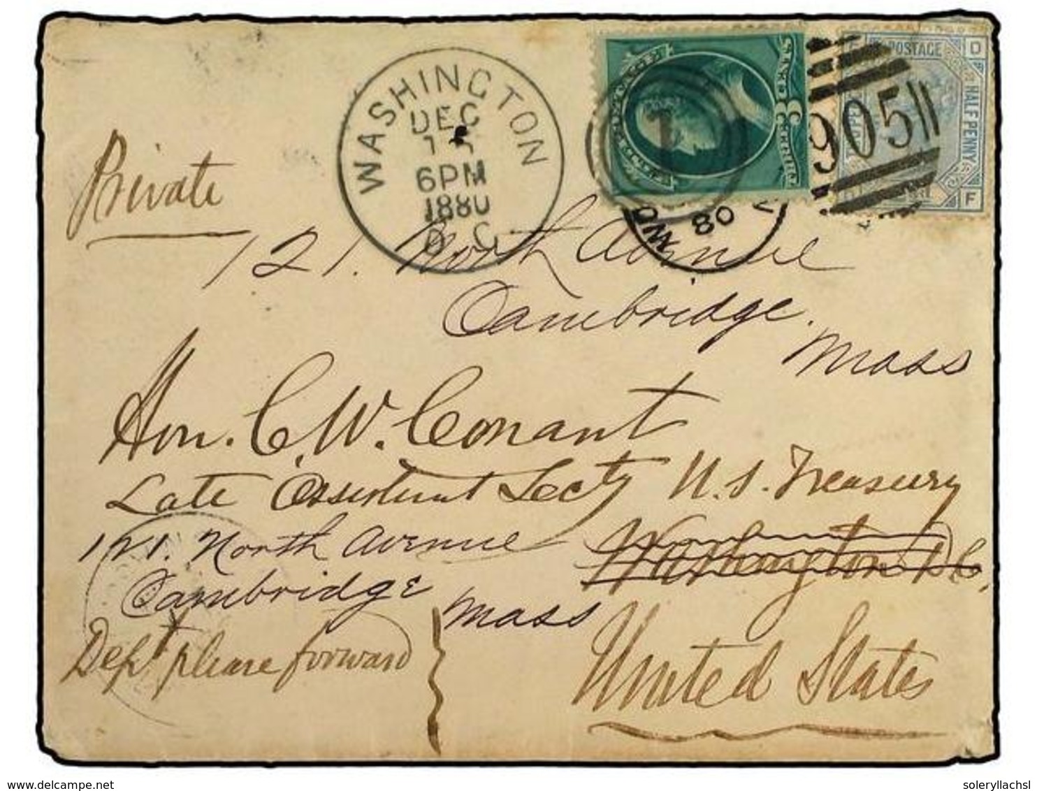 5560 ESTADOS UNIDOS. 1880(Dec 15). Cover To USA Franked By GB <B>2½d</B> Pale Blue Plate 20 Tied By <B>Wolverhampton-905 - Sonstige & Ohne Zuordnung