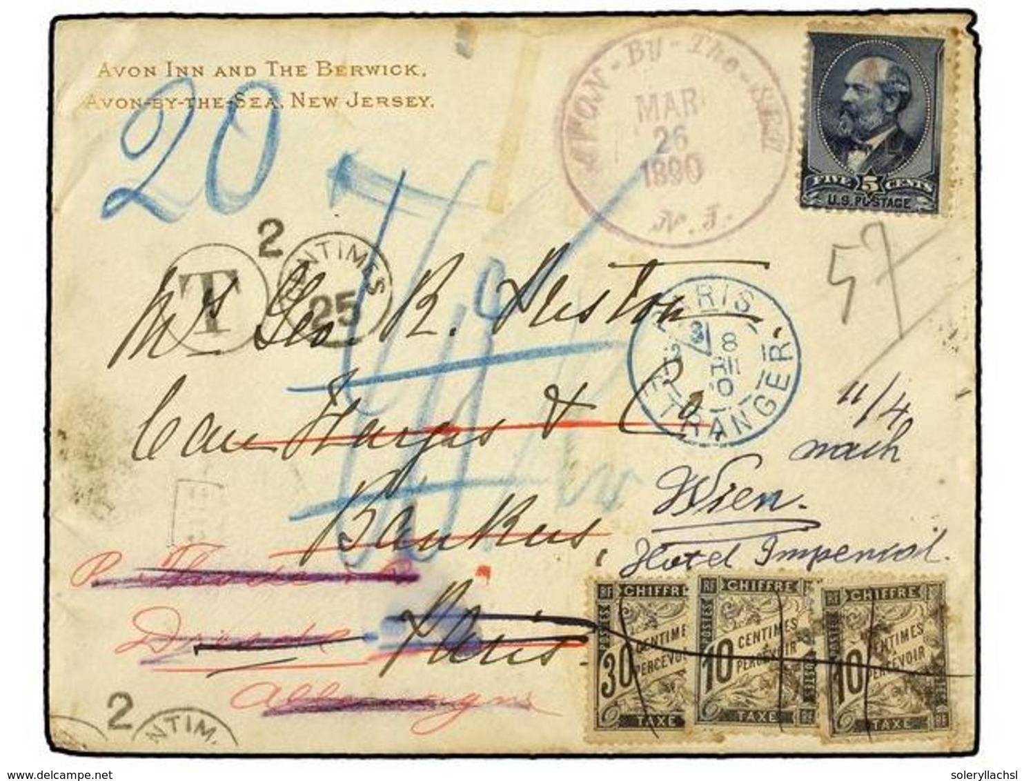 5571 ESTADOS UNIDOS. 1890. AVON BY THE SEA To FRANCE. <B>5 Cents</B> Blue (light Fault) Taxed On Arrival With French <B> - Sonstige & Ohne Zuordnung