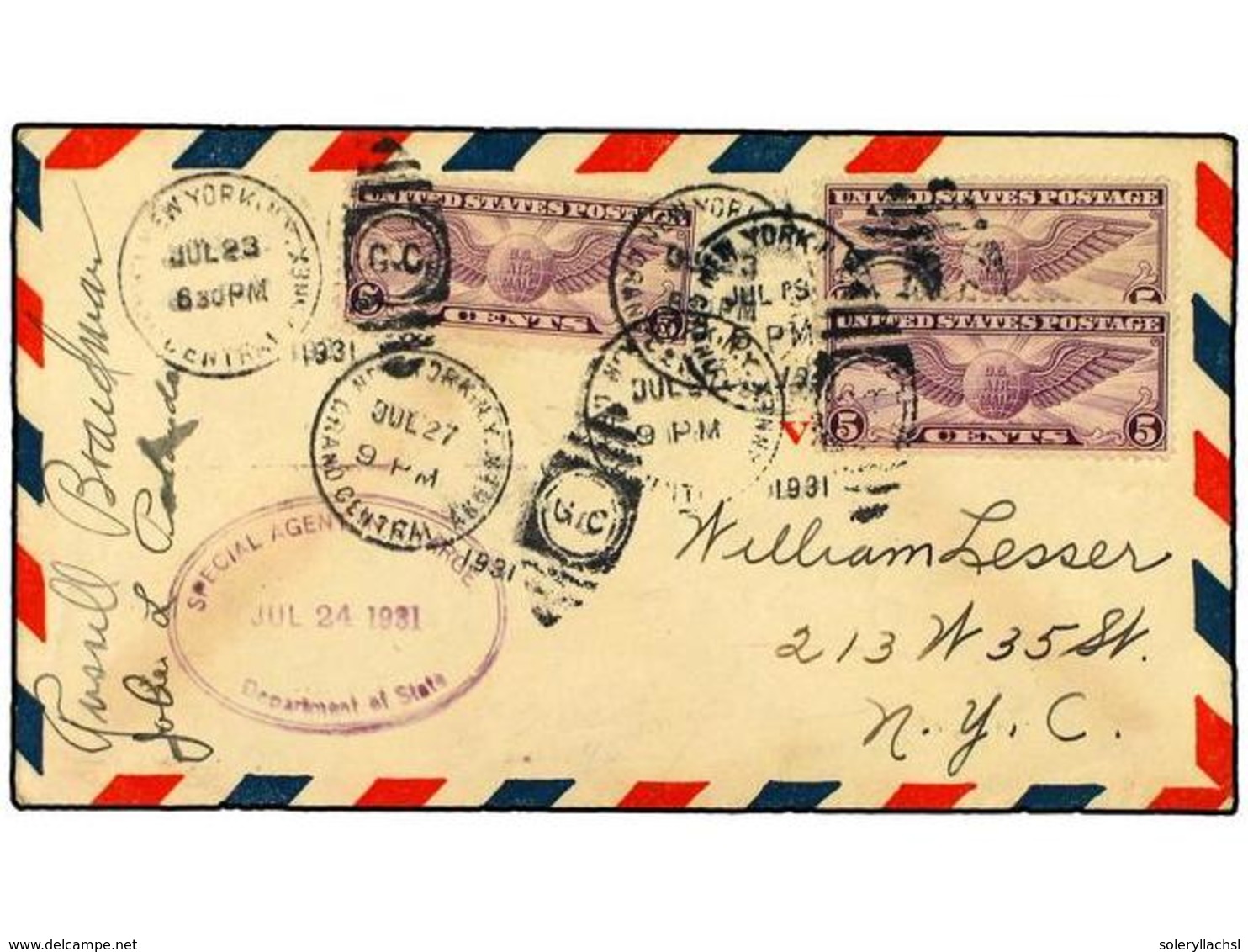 5593 ESTADOS UNIDOS. 1931 (27-VII). <B>AIR MAIL. FIRST FLIGHT. </B>NEW YORK To ISTAMBUL Envelope Franked With Three <B>5 - Sonstige & Ohne Zuordnung