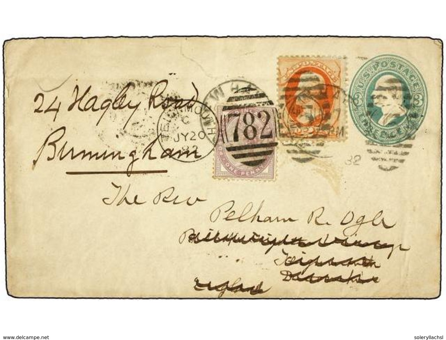 5561 ESTADOS UNIDOS. 1882. NEW HALIFAX To ENGLAND. <B>3 Cents</B> Green Envelope Uprated With <B>2 Cents</B> Orange Redi - Sonstige & Ohne Zuordnung