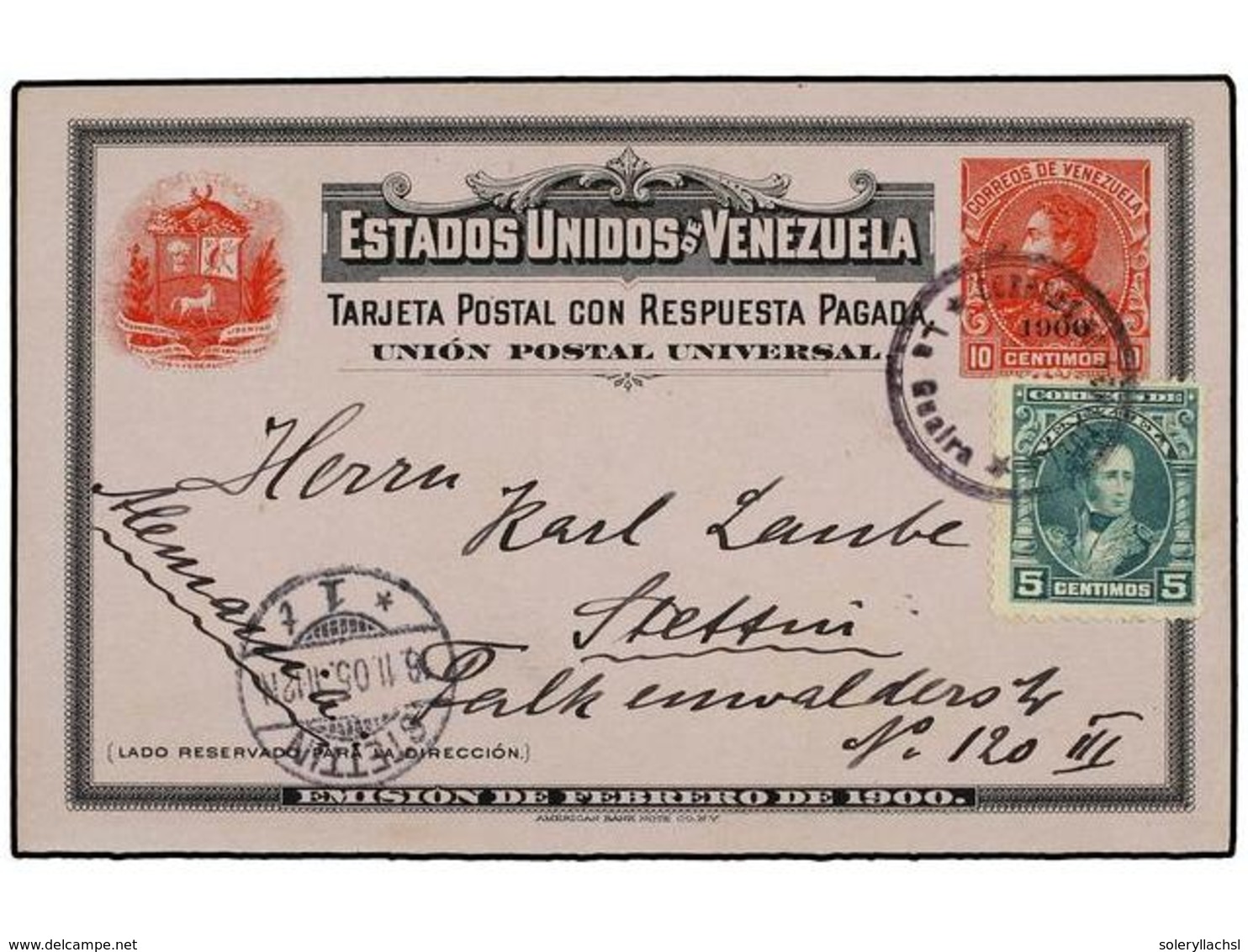 5711 VENEZUELA. 1905. LA GUAYRA A ALEMANIA. Entero Postal Habilitado <B>'1900'</B> Doble <B>10 + 10 Ctvos.</B> Rojo Y Ne - Sonstige & Ohne Zuordnung