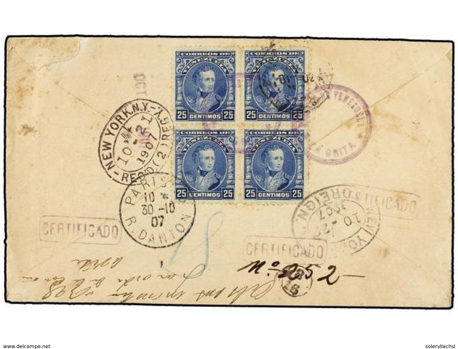 5712 VENEZUELA. Sc.234 (4). 1907. LA GRITA A PARÍS. <B>25 Cts.</B> Azul, Bloque De Cuatro, Franqueo Al Dorso, Tránsito Y - Sonstige & Ohne Zuordnung