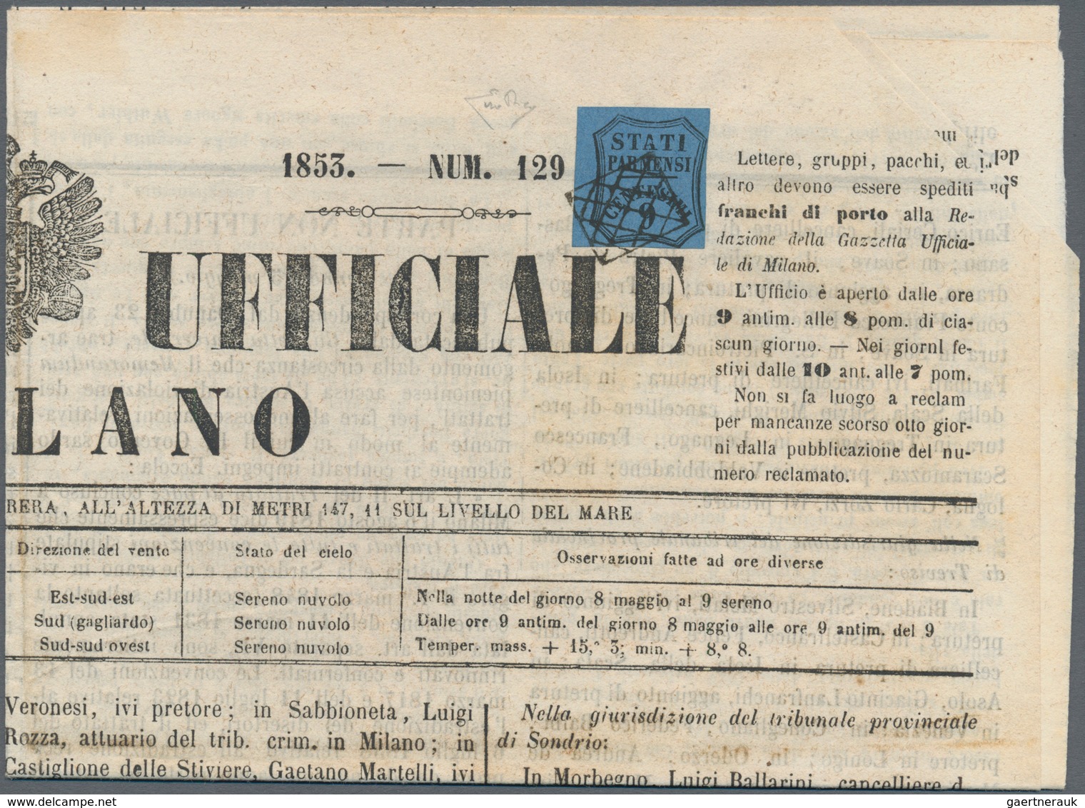 00793 Italien - Altitalienische Staaten: Parma - Zeitungsstempelmarken: 1853, Postage Due For Newspapers, - Parma