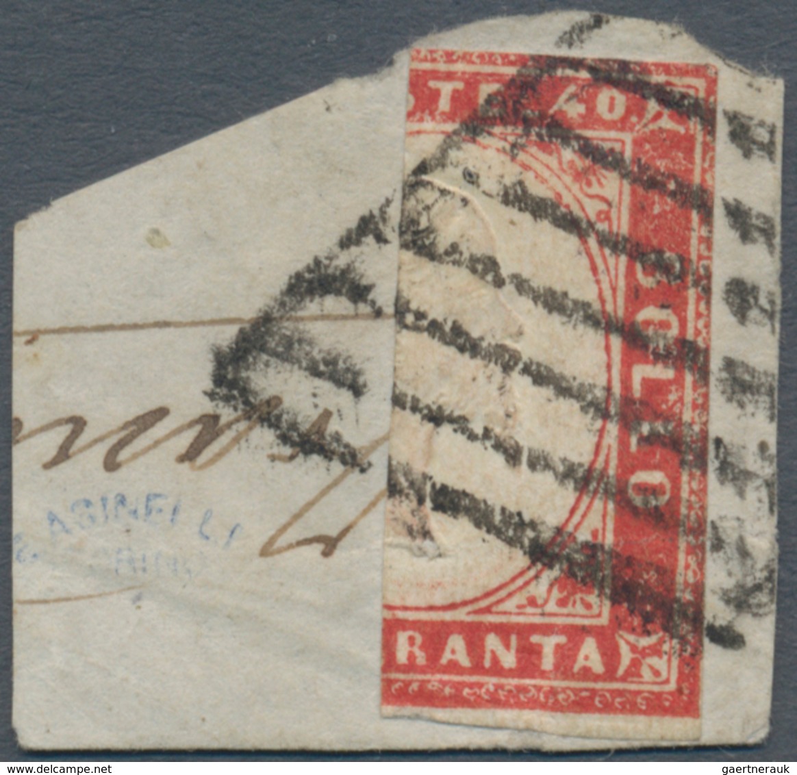 00856 Italien - Altitalienische Staaten: Sardinien: 1860, 40 Cent. Red, Vertical Bisect And Used As A 20 C - Sardinien