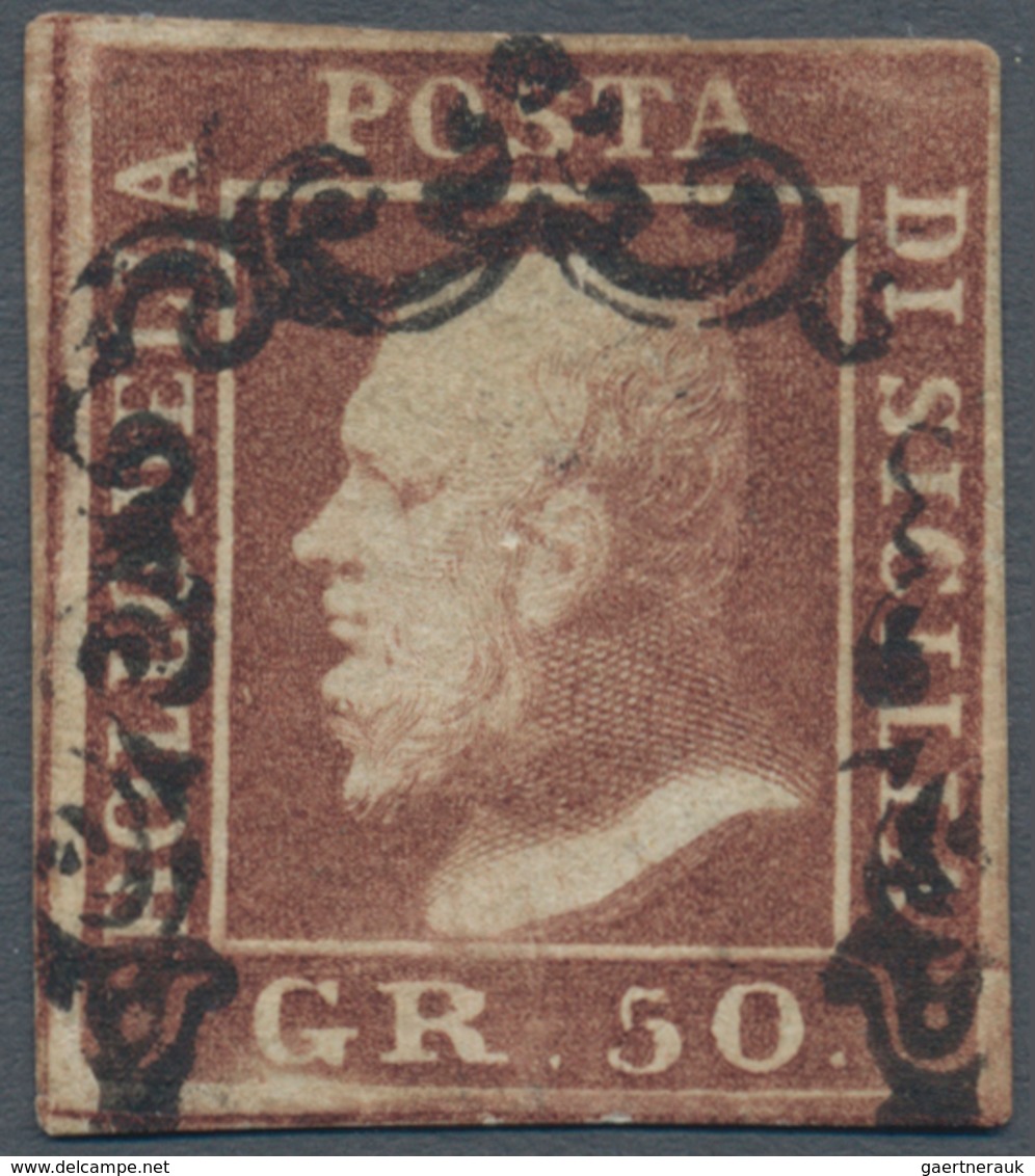 00871 Italien - Altitalienische Staaten: Sizilien: 1859: 50 Grana Brown Lacquer, Cancelled With A "horsesh - Sicilia