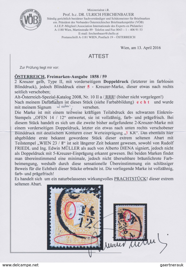 01825 Österreich: 1858, 2 Kreuzer Gelb, Type II, Mit Vorderseitigem DOPPELDRUCK, Letzterer Als FARBLOSER B - Ungebraucht