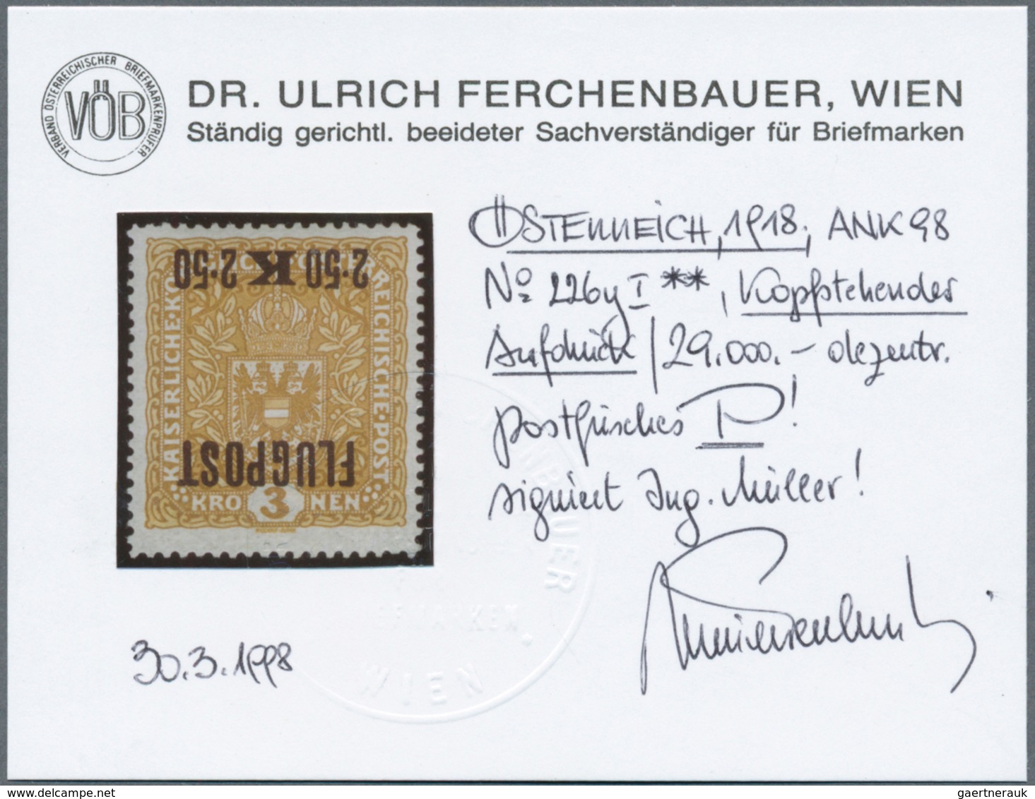 01850 Österreich: 1918, 2,50 Kr. Auf 2 Kr. Flugpostmarke Mit KOPFSTEHENDEM Aufdruck, Postfrisch, Befund Dr - Ungebraucht