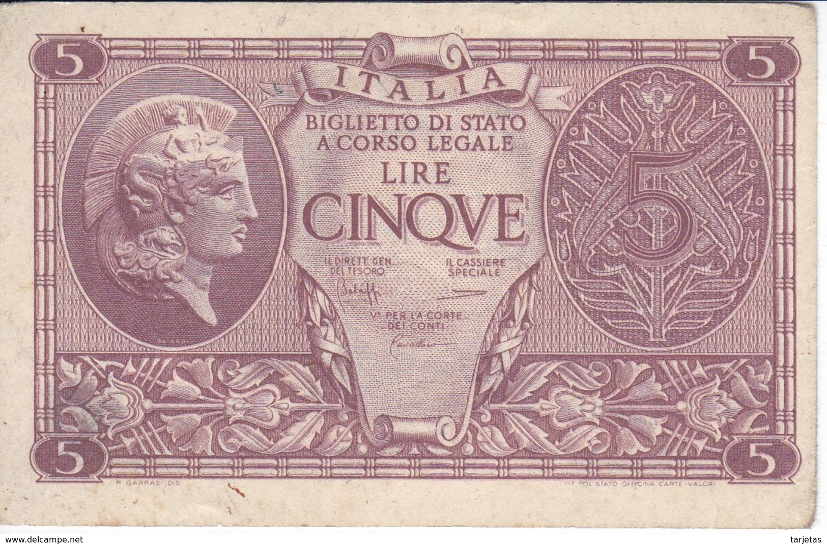 BILLETE DE ITALIA DE 5 LIRAS  BIGLIETO DI STATO DEL AÑO 1944  (BANKNOTE) - Italia – 5 Lire