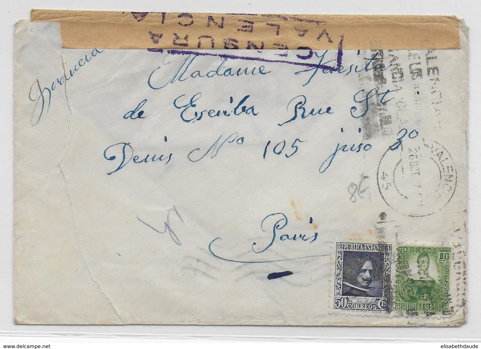 1937 - LETTRE De VALENCIA Avec CENSURE REPUBLICAINE => PARIS - Marques De Censures Républicaines