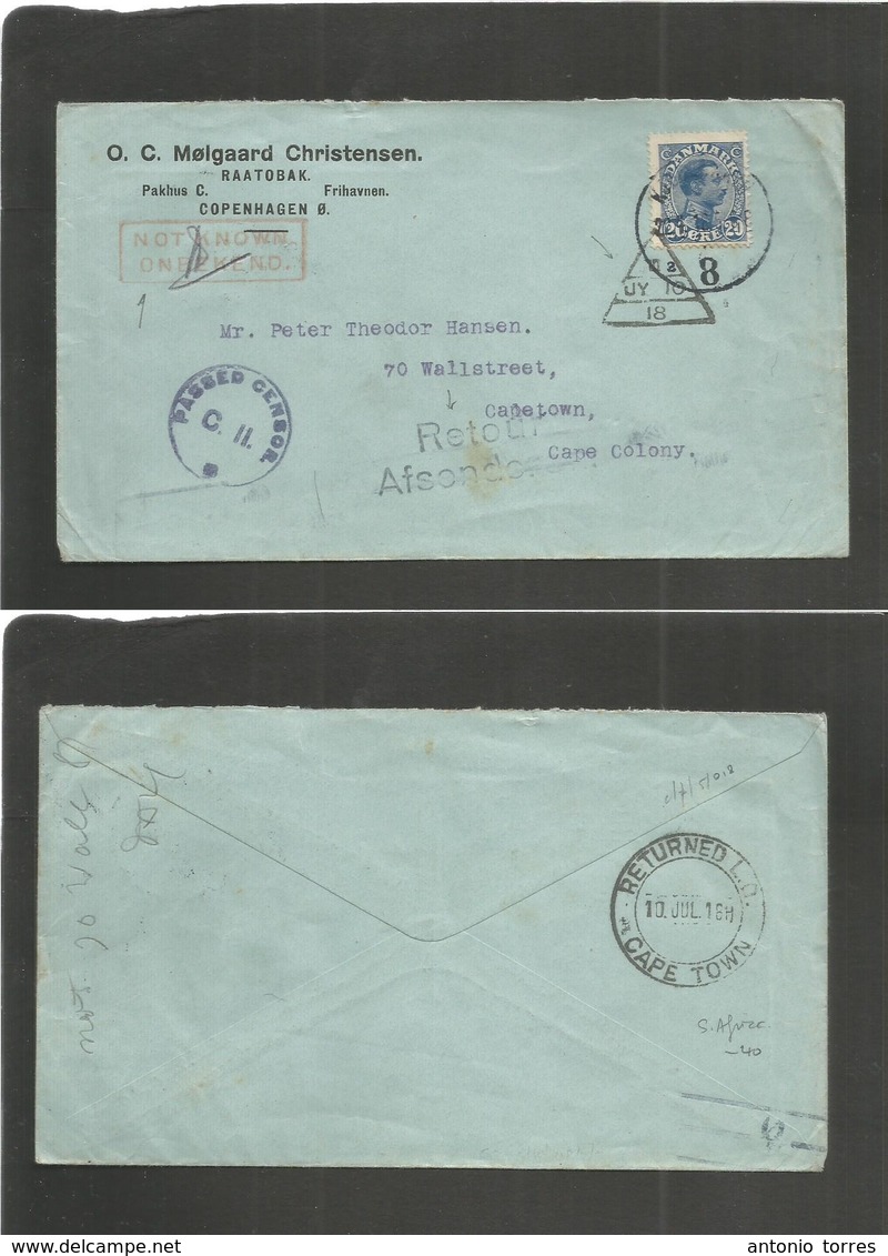 South Africa. 1918 (July 10) Denmark, Cph (22 June) - Capetown. Fkd + Censored Envelope, Where "RETOUR / NOTFOUND /ONEWE - Andere & Zonder Classificatie