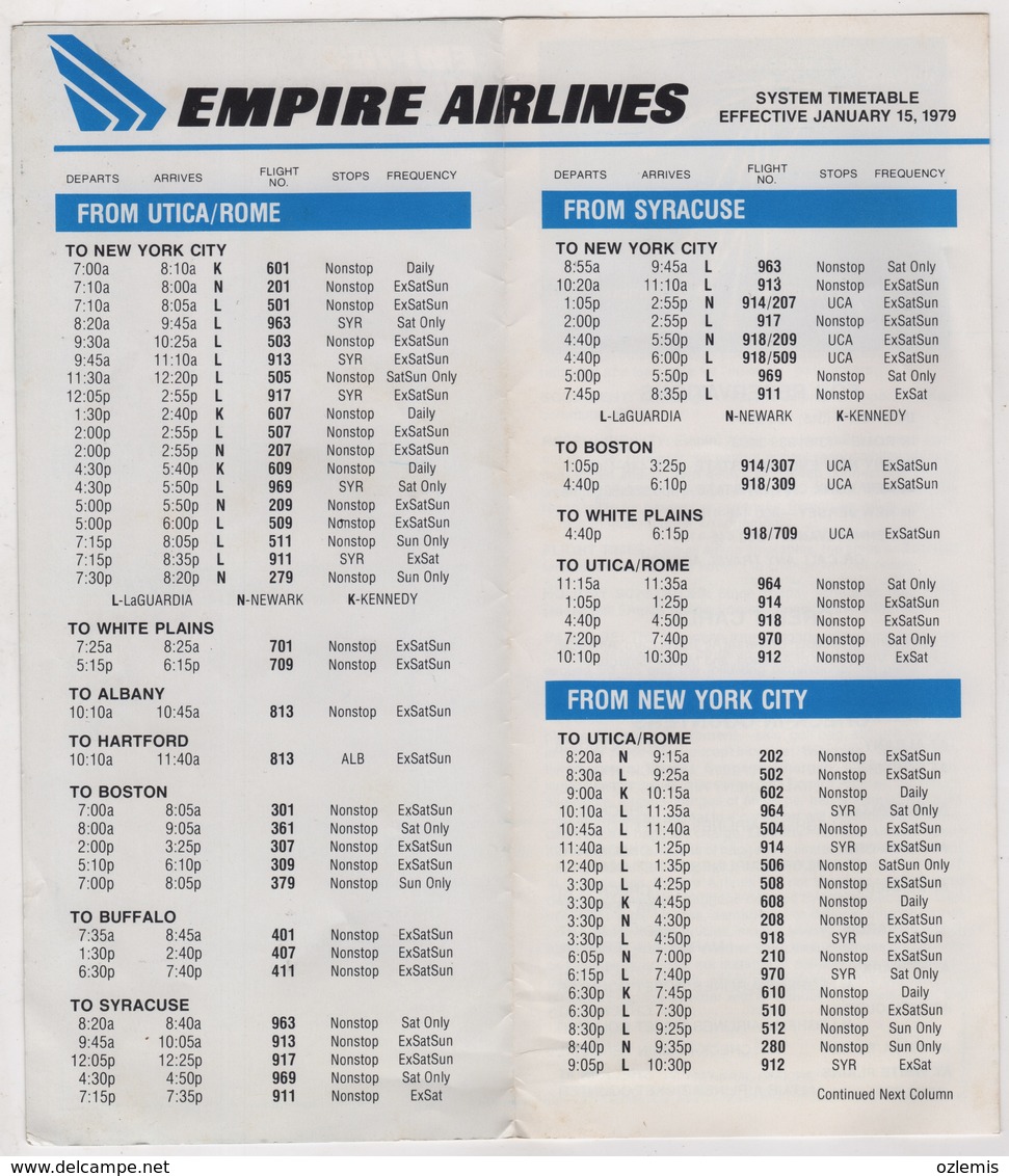 EMPIRE AIRLINES SYSTEM TIMETABLE EFFECTIVE JANUARY 15,1979 - Orari