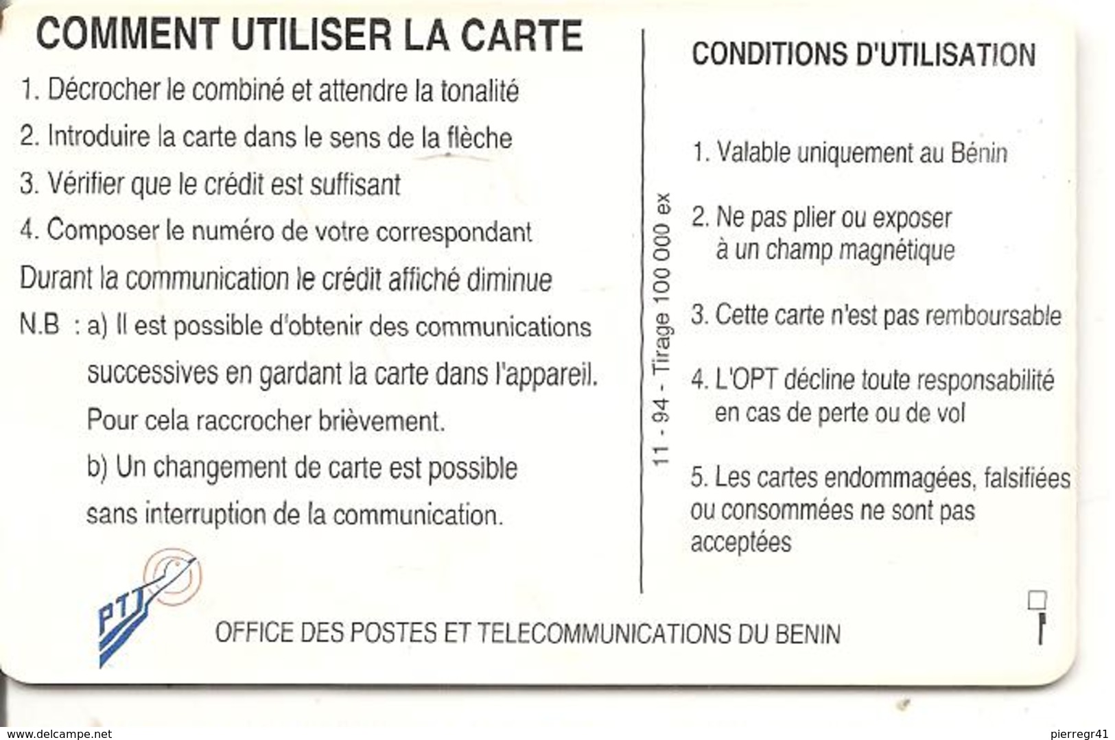 CARTE PUCE-BENIN-50U-GEM B-11/94-HORAIRES TARIFS-UTILISE-TBE - Bénin