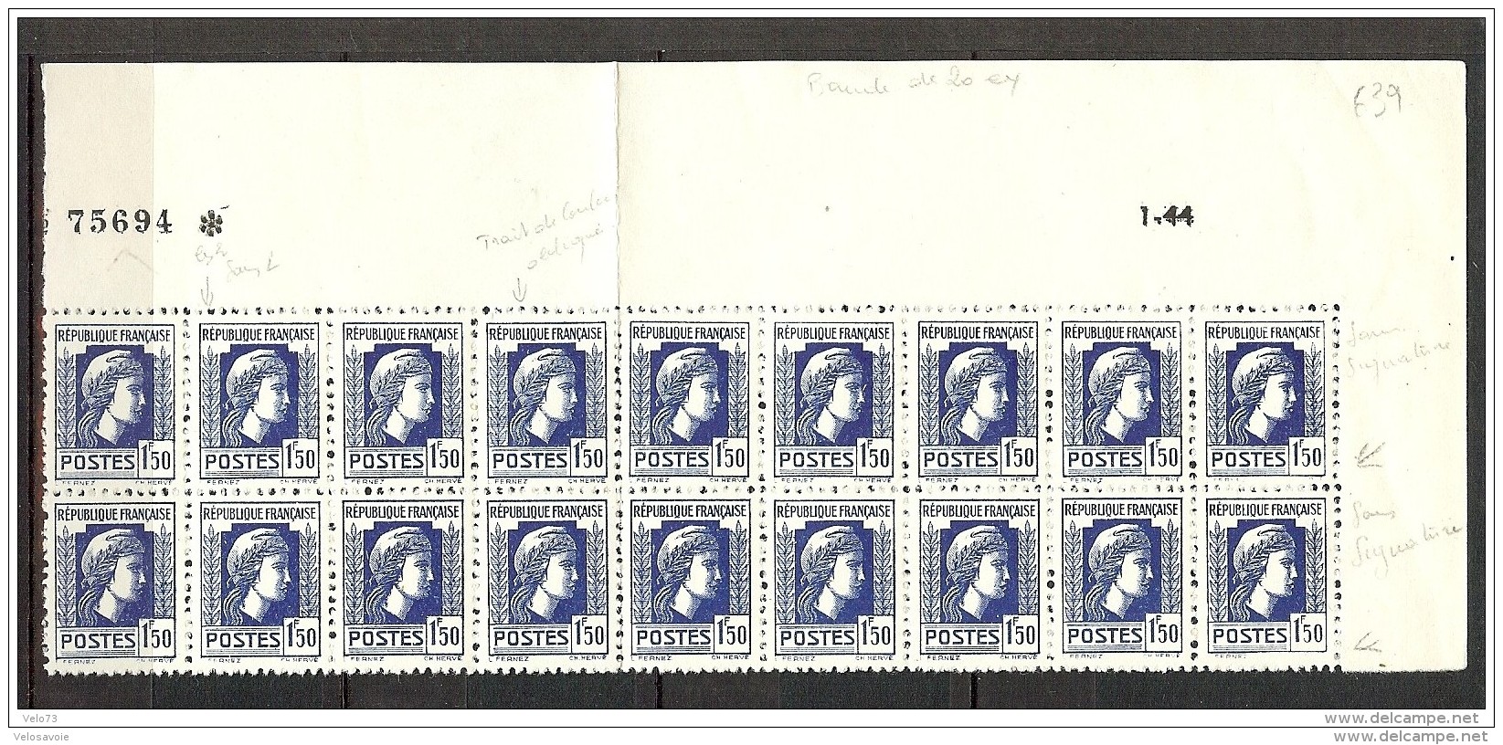 N° 639 MARIANNE ALGER EN BLOC DE 20 AVEC PLUSIEURS VARIETES COMME SANS SIGNATURE ** - Unused Stamps
