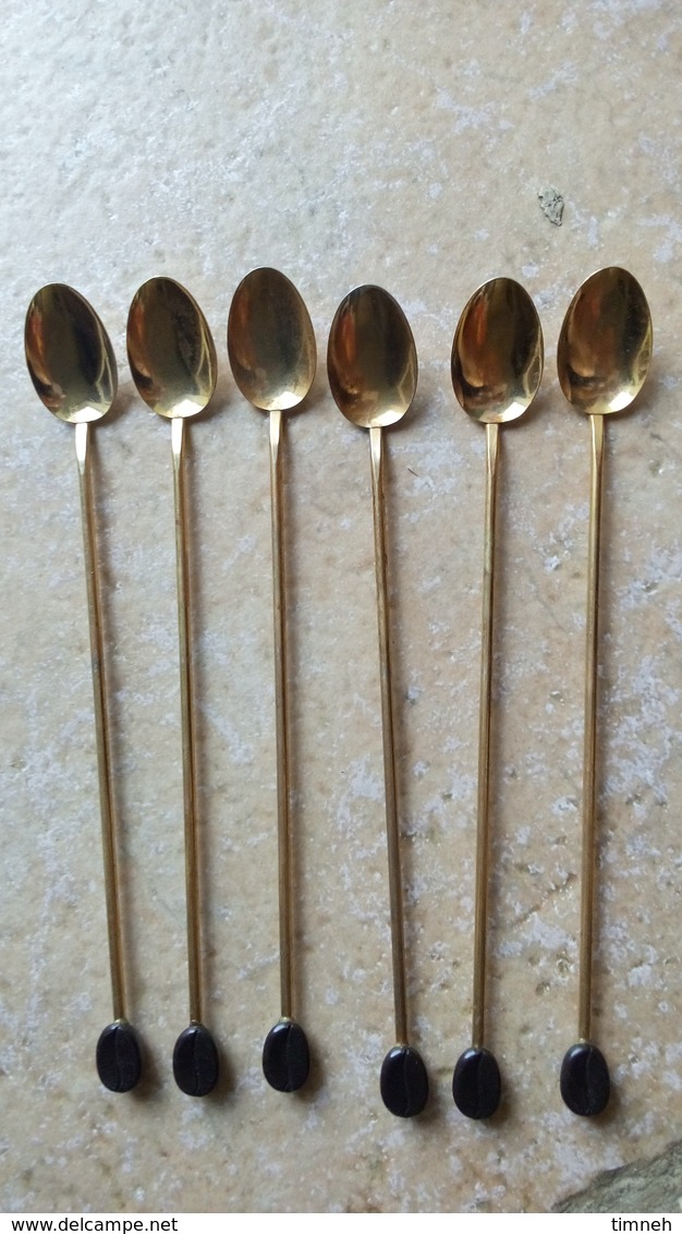 6 Longues Petites Cuillères Metal Doré Café Mazagran - Deco GRAIN DE CAFE Plastique 19cm Traces Oxydation - Deco Vintage - Spoons