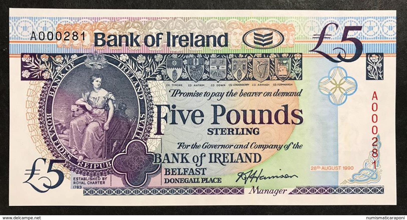 Northern Ireland Bank Of Ireland 5 Pounds 1990 Fds Numeri Bassi Serie A000281 LOTTO 2052 - Ireland