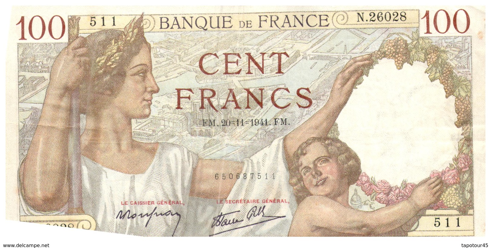 Billet  >  France > Suite De 2 Billets Mème Numéro 26028 510 Et 511 100 Francs 1941 - 100 F 1939-1942 ''Sully''