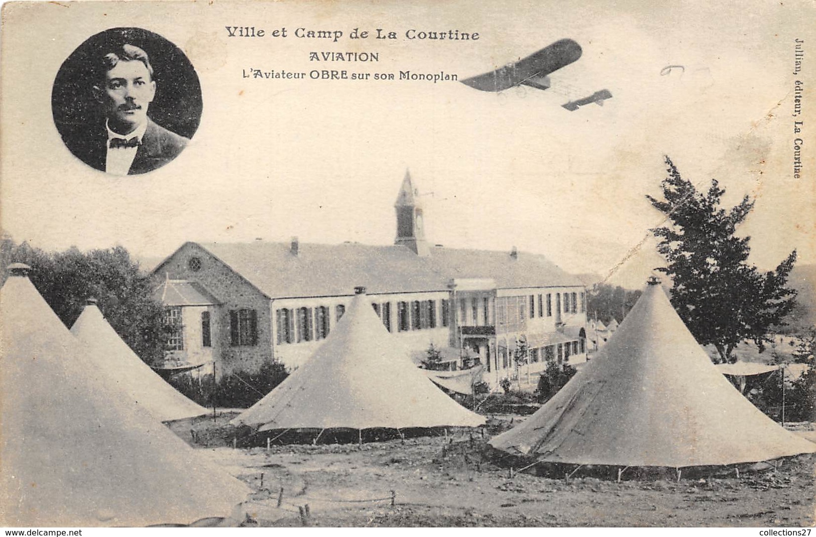 23-LA COURTINE- VILLE ET CAMP DE LA COURTINE, AVIATION L'AVIATEUR OBRE SUR SON MONOPLAN - La Courtine