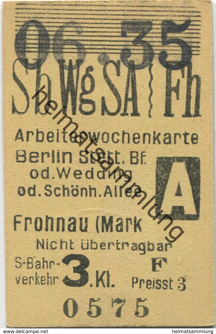 Deutschland - Arbeiterwochenkarte - Berlin Stettiner Bahnhof Oder Wedding Oder Schönhauser Allee - Frohnau (Mark) - S-Ba - Europa